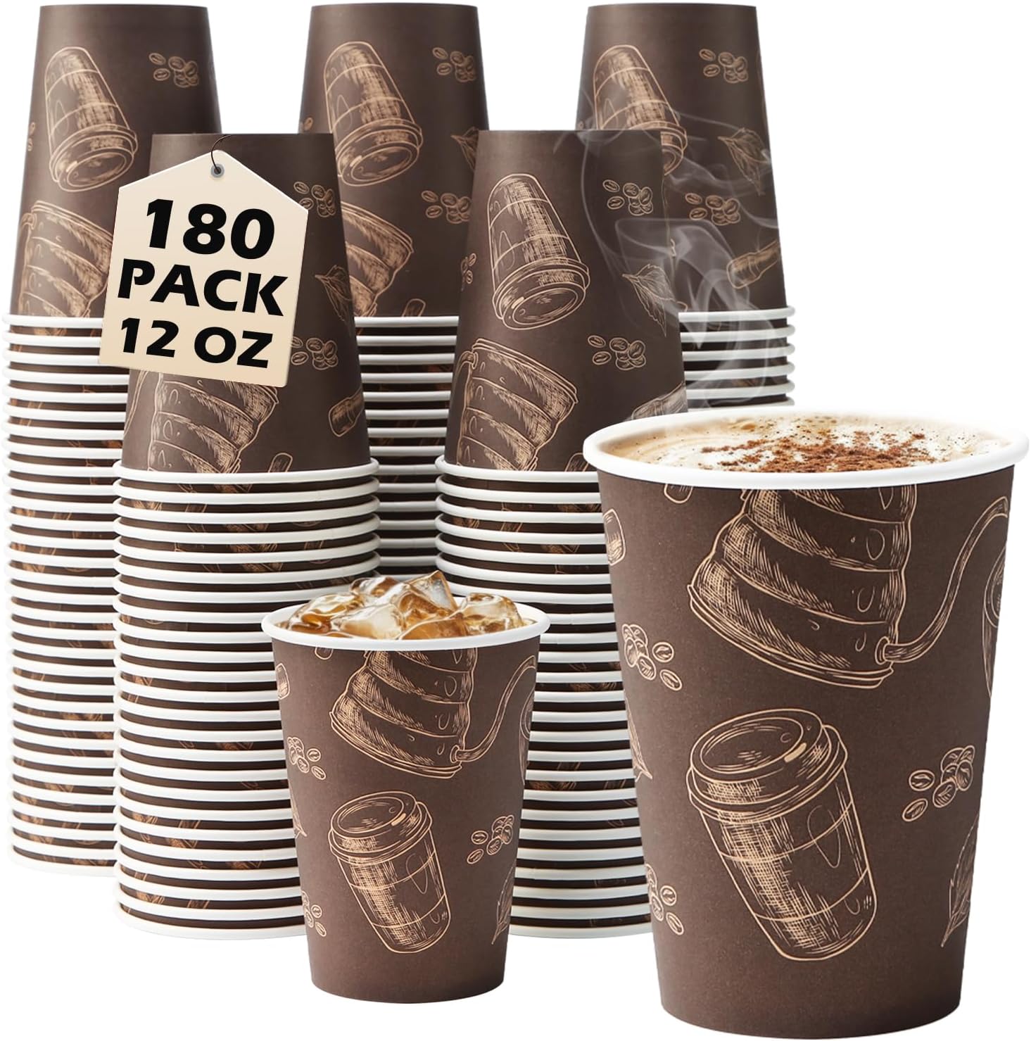 Detalle de Huifany 12 oz Paper Coffee Cups (180 Pack) – Thickened, Leak-Proof, BPA-Free for Hot & Cold Beverages