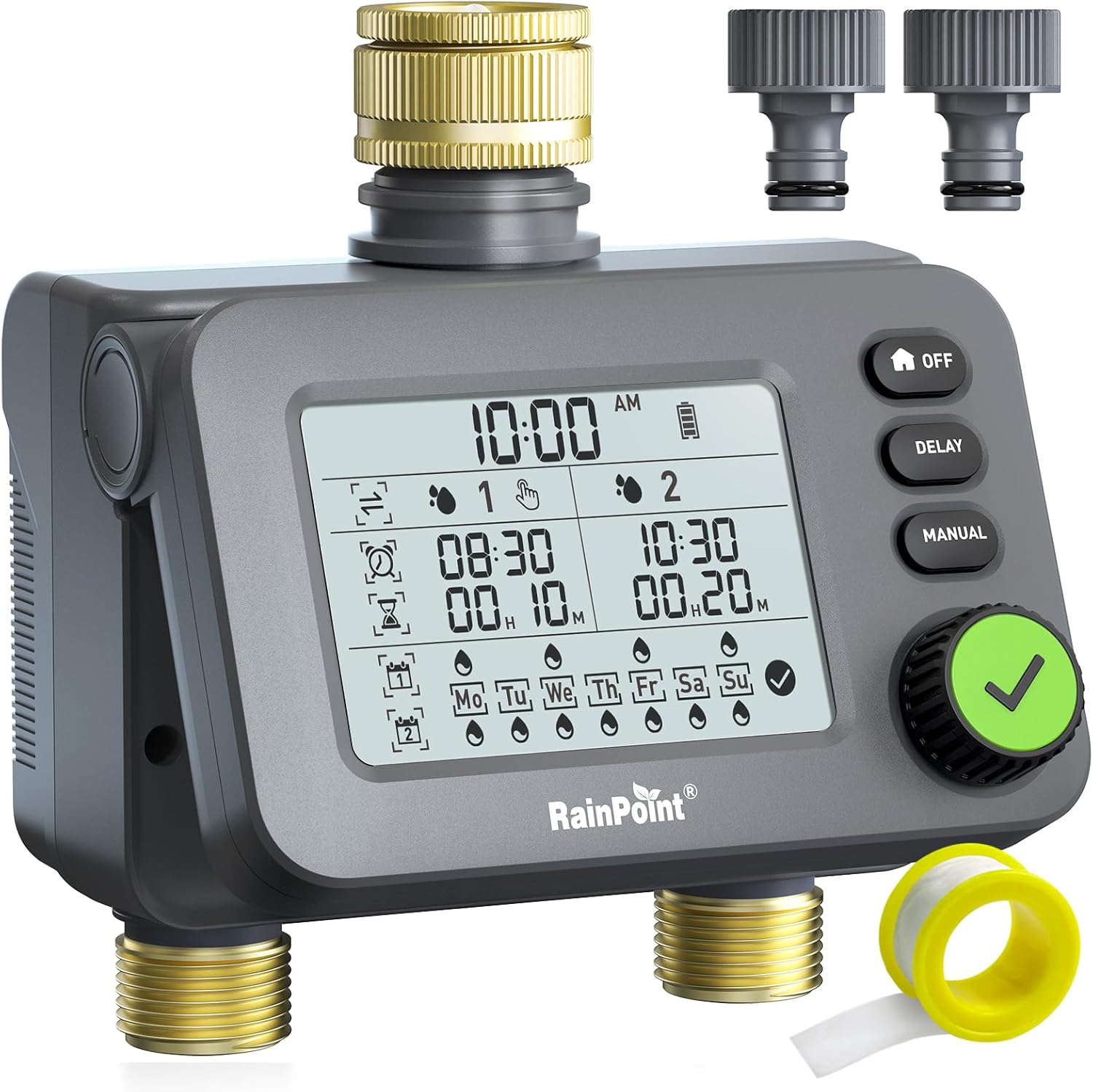 RAINPOINT Programador de riego con 2 salidas y retardo por lluvia (LCD, latón y modos automático/manual)