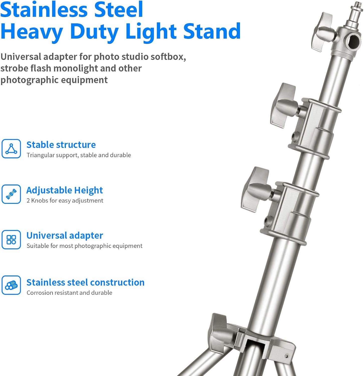 Thumbnail 1 de NEEWER 118\"/3m Stainless Steel Light Stand with Spring Cushion + 1/4\" to 3/8\" Universal Adapter