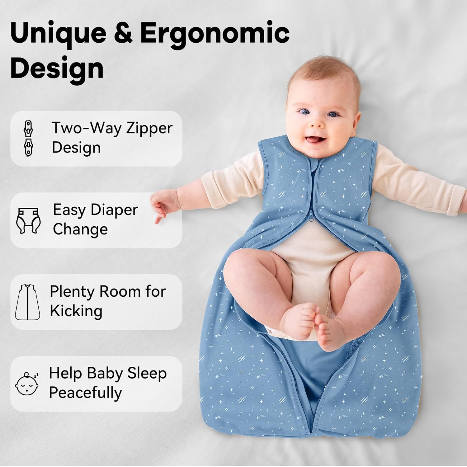Thumbnail 3 de Unnivoll 3er Pack Schlafsack Baby Sommer 0.5 Tog – 100% Baumwolle, 67 cm, 0–6 Monate, grau/blau, 3er-Set