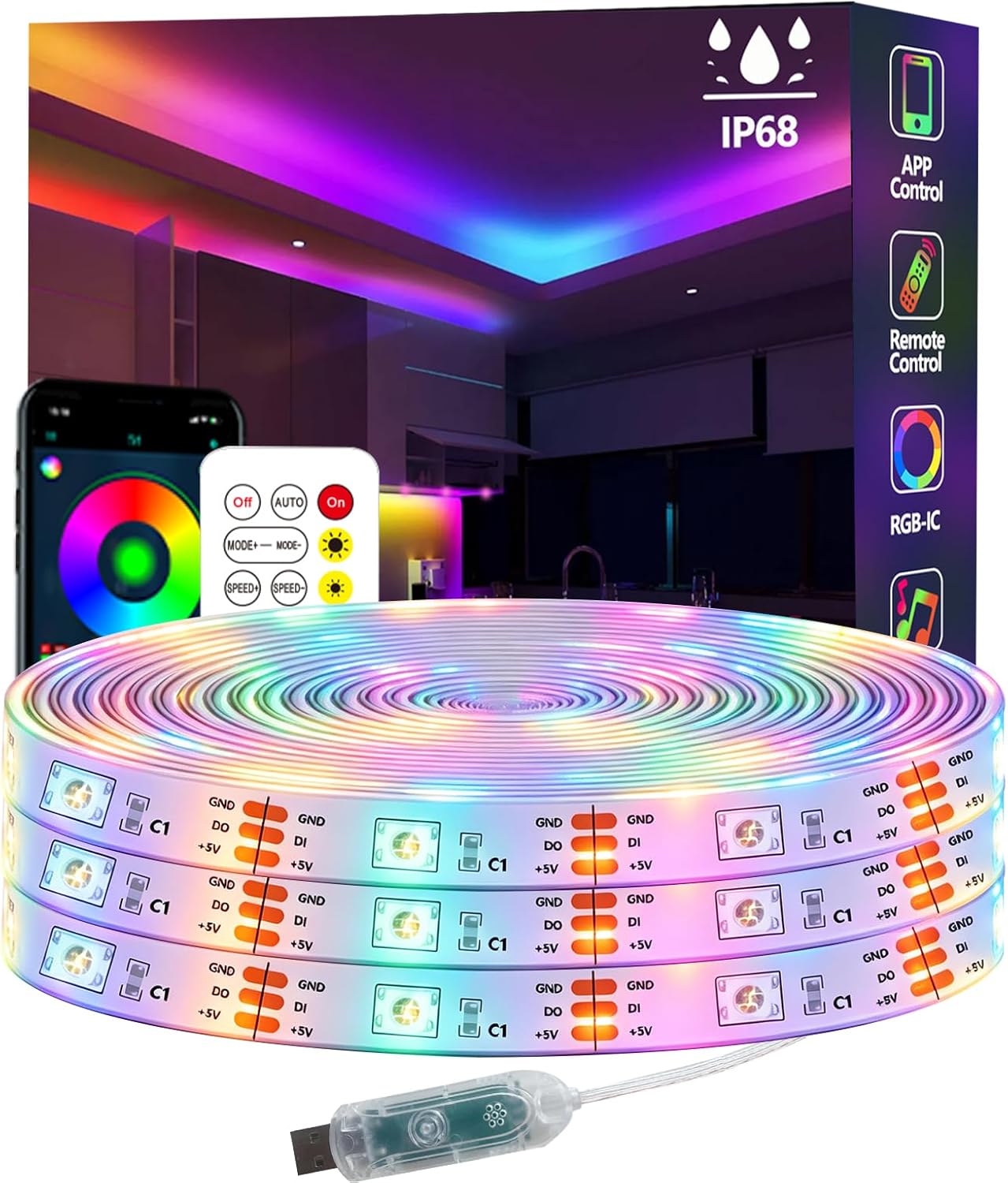 Detalle de httpsmp 32.8ft WS2812 RGB+IC LED Strip Lights – IP68 Waterproof Outdoor, USB Powered, Music Sync