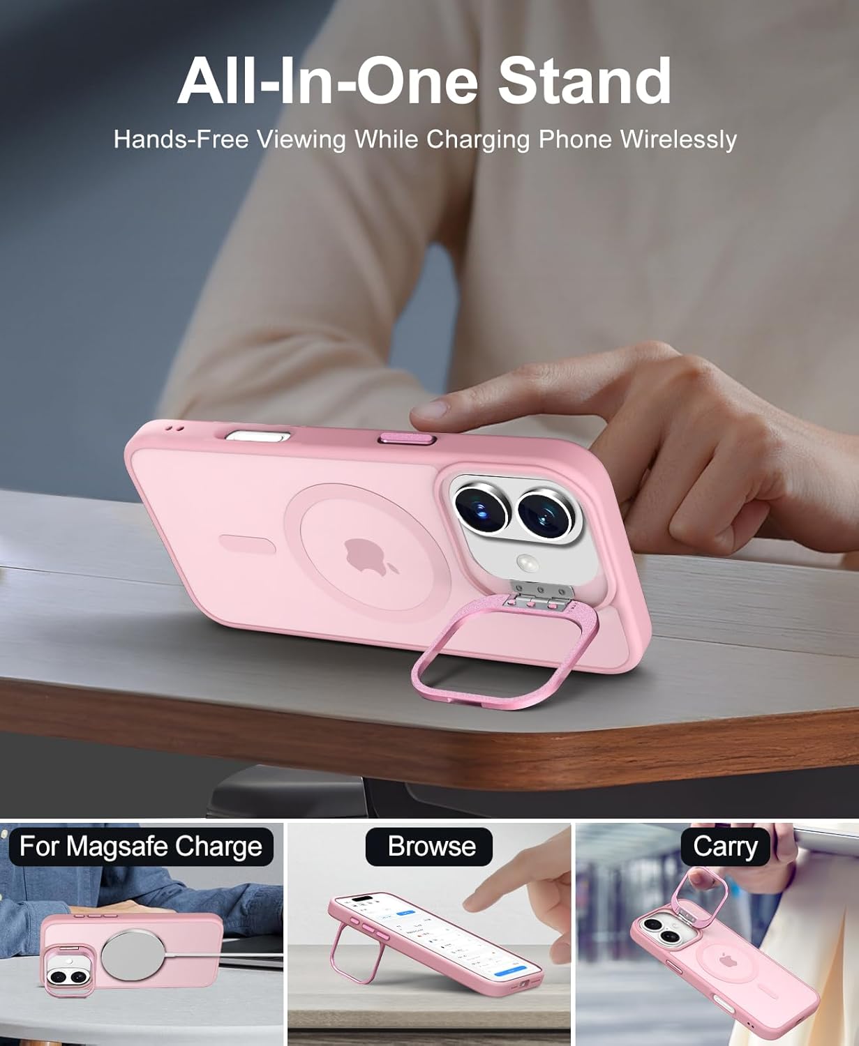 Detalle de Beeasy MagSafe Hülle für iPhone 16 (6,1 Zoll) mit verstellbarem Ständer und 2 Displayschutzfolien – matt Rosa