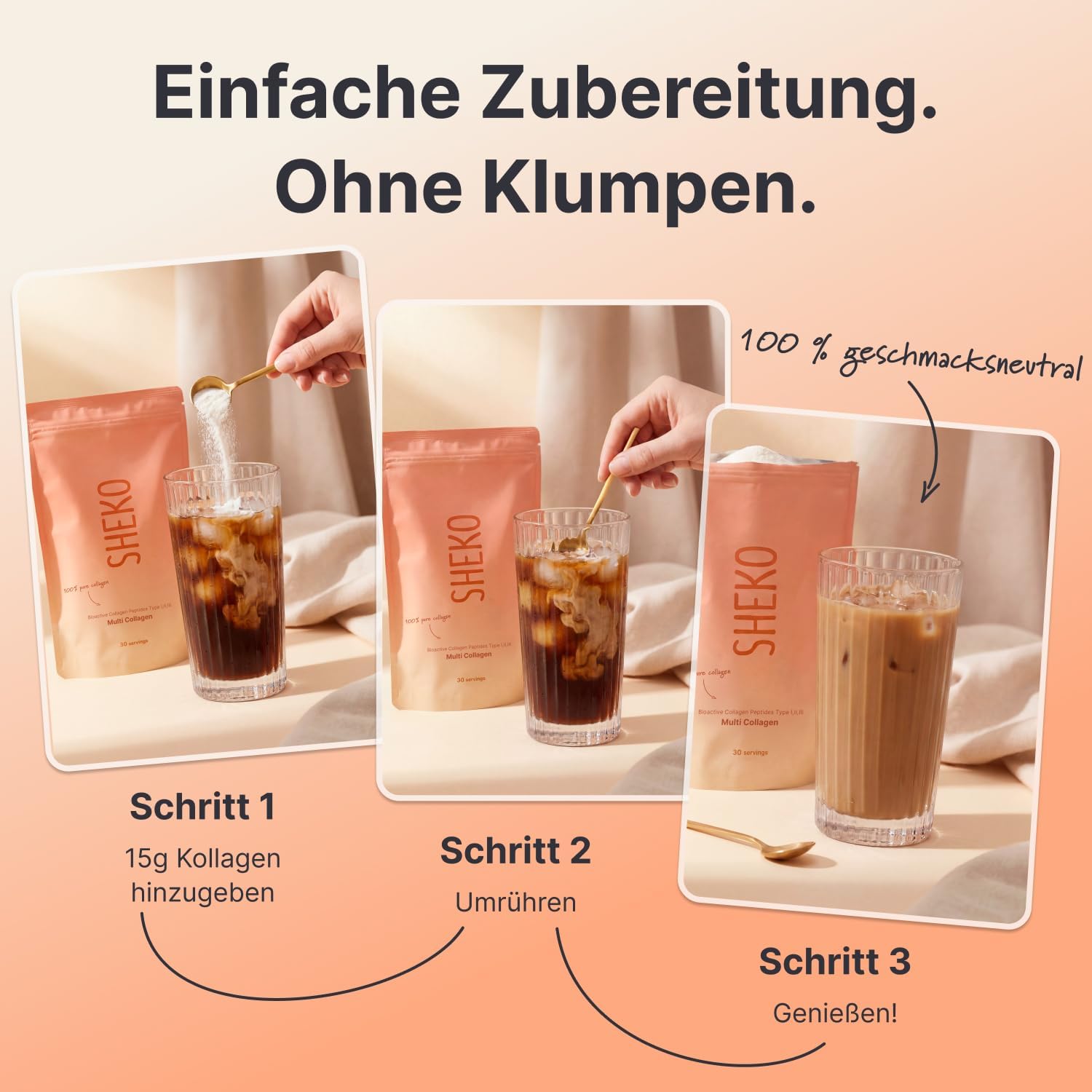 Detalle de SHEKO Kollagen Pulver 450g – Hochdosiertes Hydrolysat aus Typ 1, 2 und 3