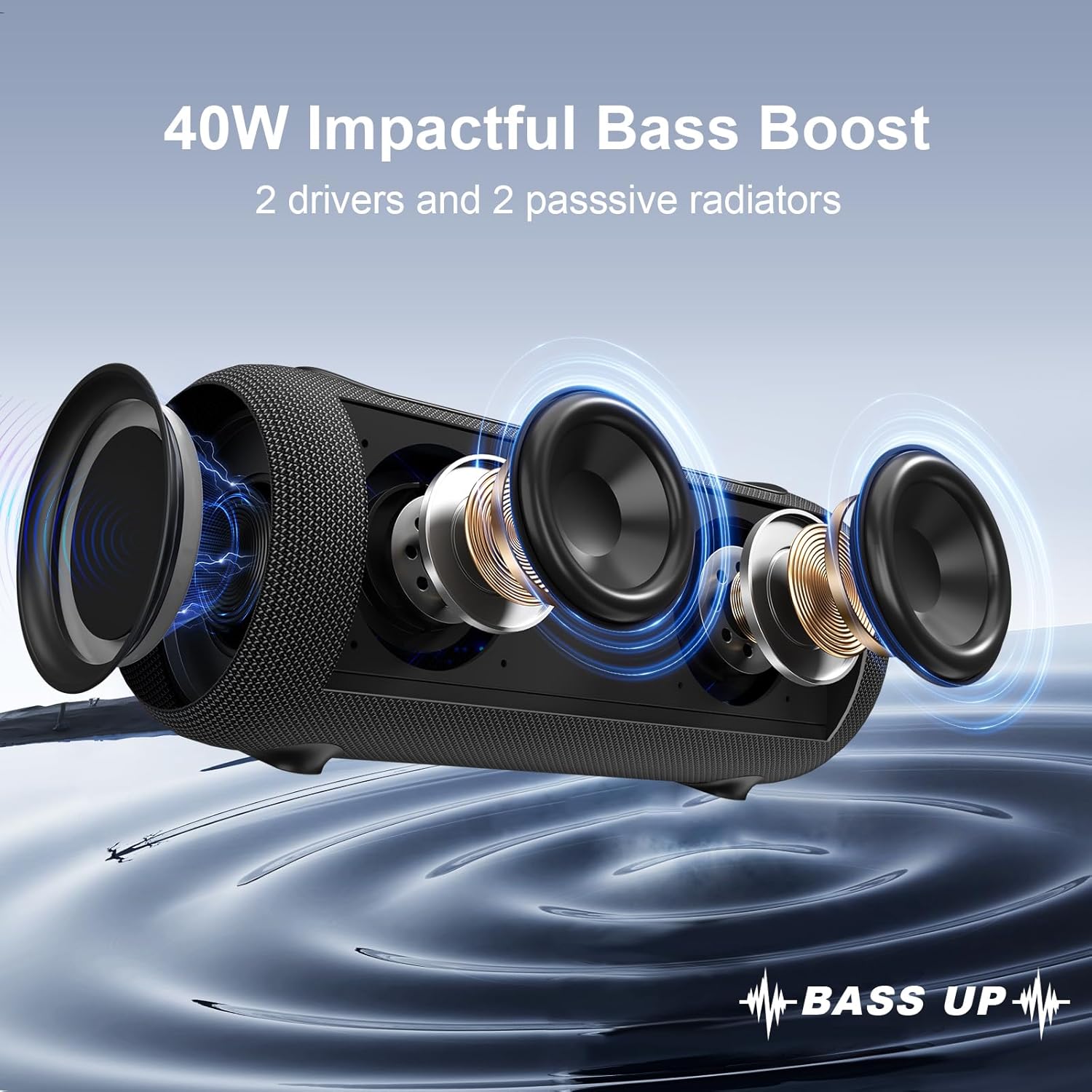 Detalle 2 de Passau Portable Bluetooth Speakers 40W Peak (BT 5.3) with Passive Radiators, IPX5, RGB Lights, Adjustable Strap