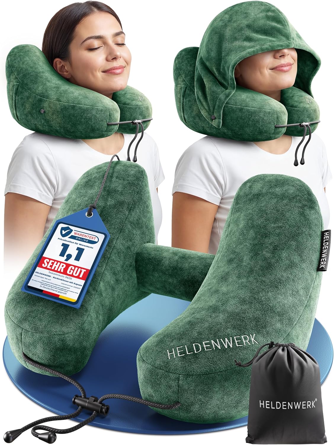 Detalle de HELDENWERK® Air Nackenkissen Flugzeug Aufblasbar – vielseitiges Reisekissen mit Kapuze, 5 Schlafpositionen und Druckregulierbar