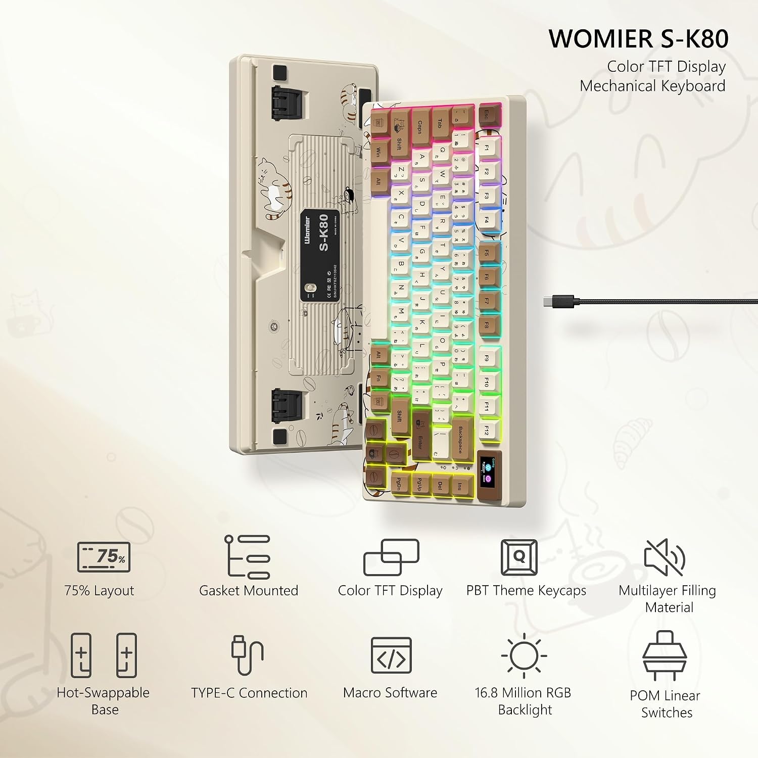 Detalle 2 de Womier SK80 Retro 75% Mechanical Gaming Keyboard with Color Display