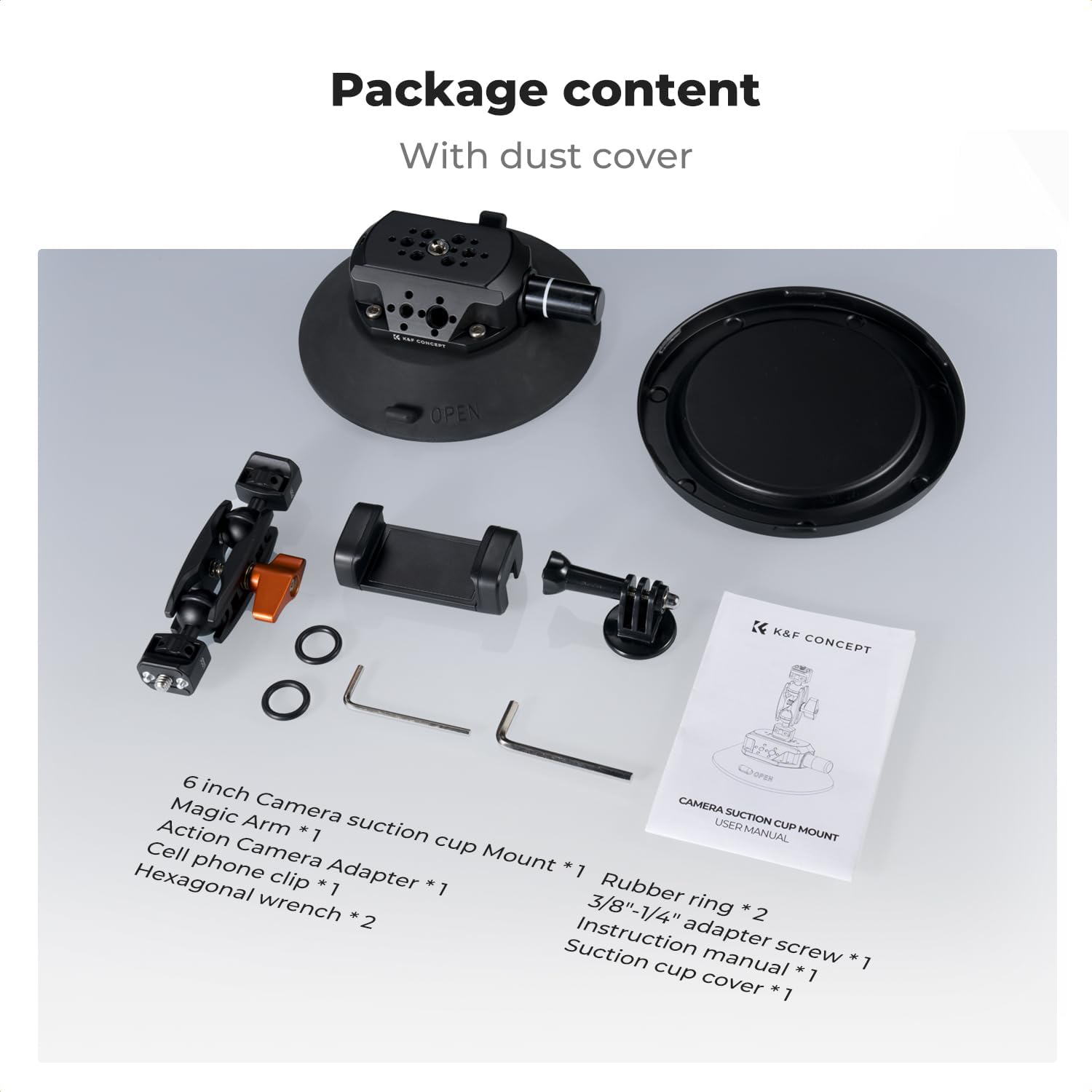 Detalle 2 de K&F CONCEPT Support à ventouse 6 pouces (152 mm) avec bras magique double rotule, pince téléphone et adaptateur GoPro