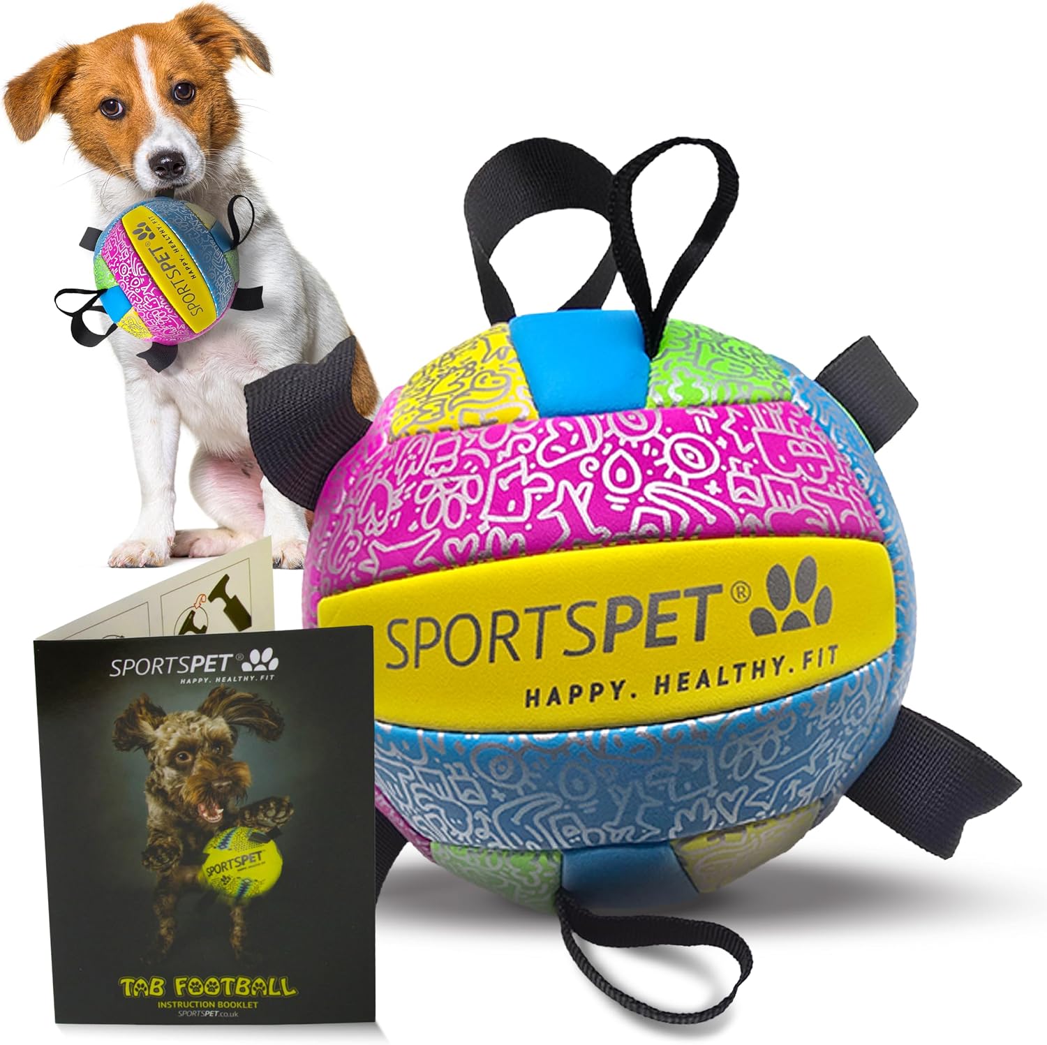 Detalle de SPORTSPET Dog Football with Grab Tabs (Small, Multicolour) – Durable PU interactive water toy