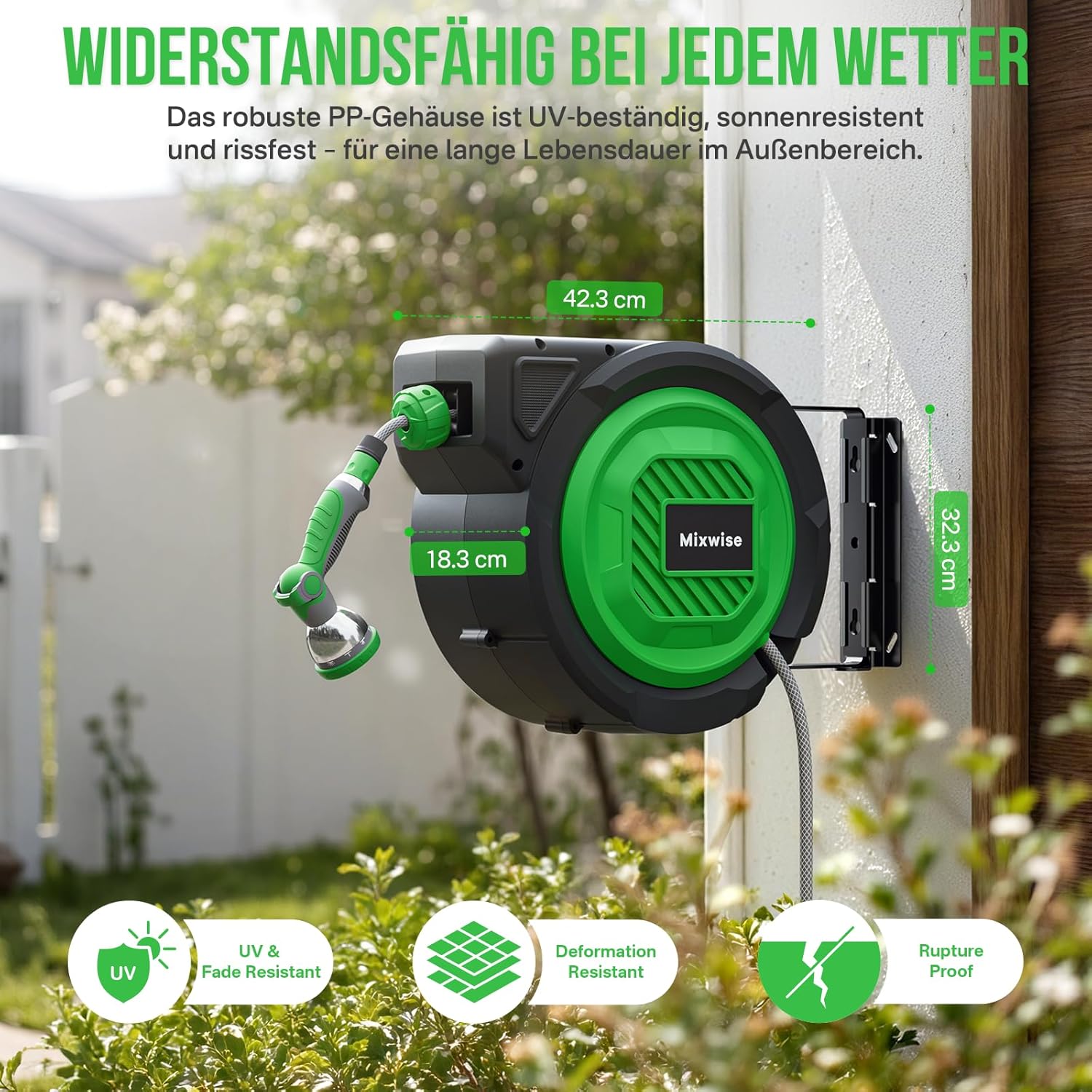Detalle de Schlauchtrommel Gartenschlauch RollUp mit 180° Schwenkbarem Halter, 20 m Schlauch, 10‑fache Düse und automatischem Rückzug