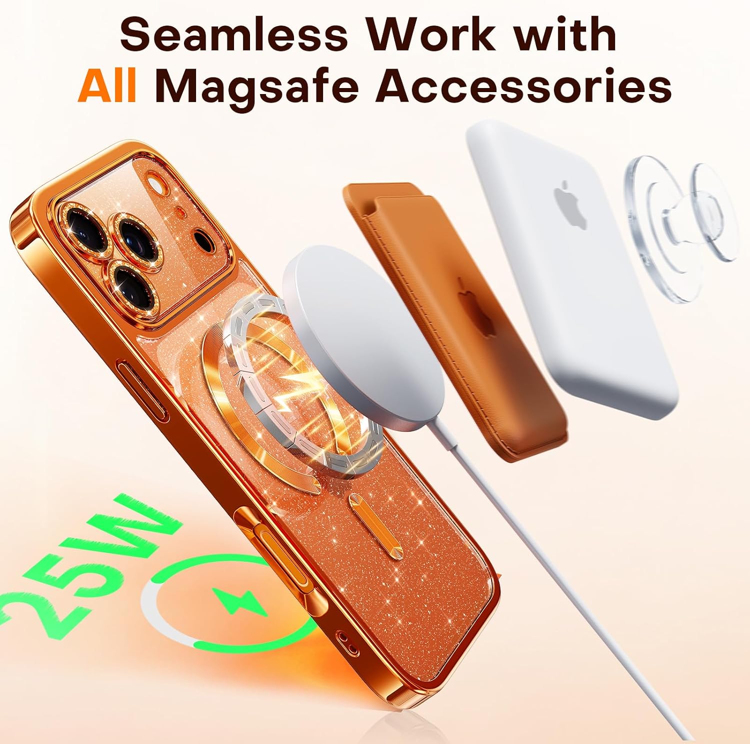 Detalle 2 de Glitter for iPhone 17 Pro Max Case with Integrated Lens Protection, MagSafe-Compatible Sparkly Back Panel (Cosmic Orange)