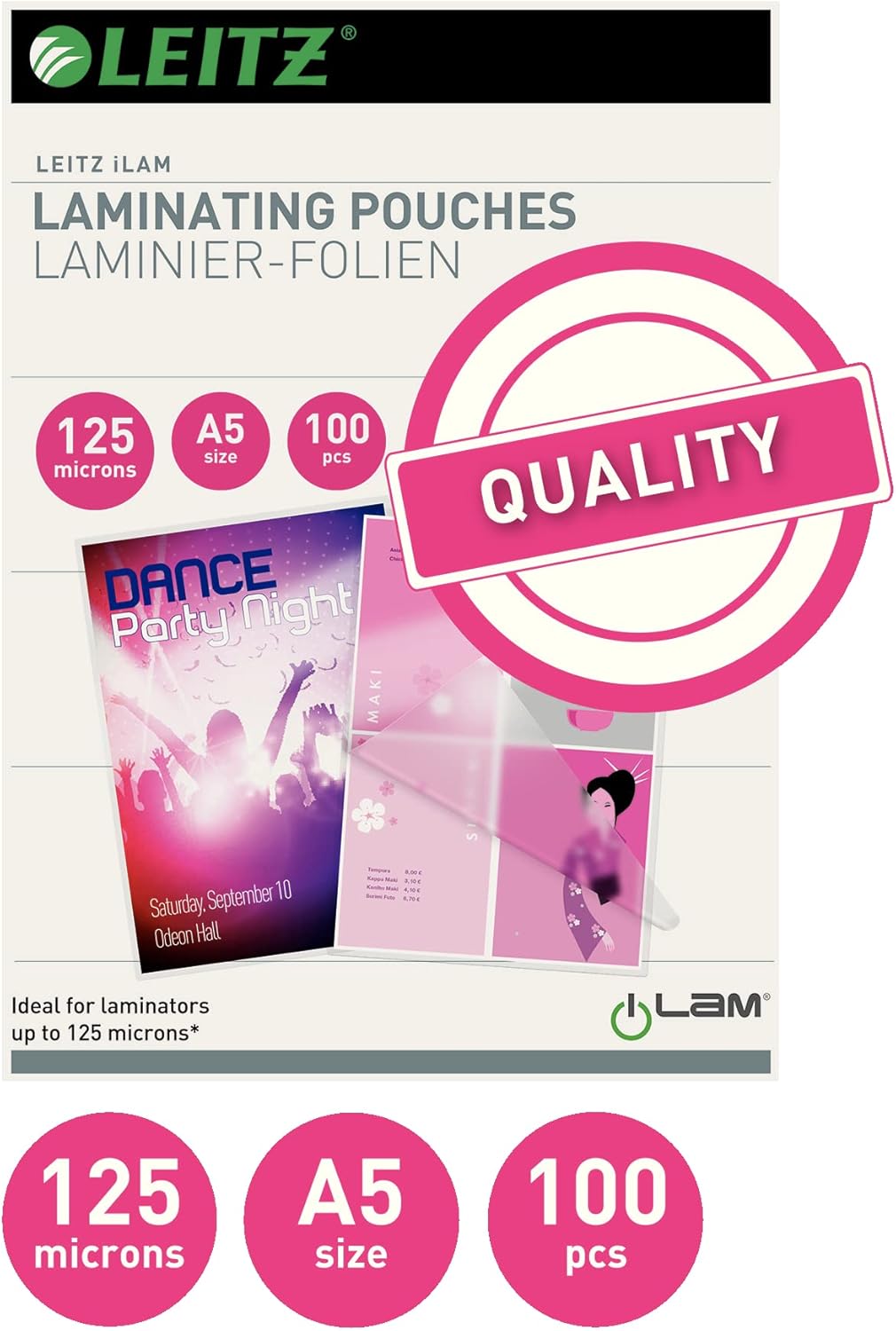 Thumbnail 1 de Leitz Heißlaminierfolien A5 125 μm – 100er Pack, transparente, glänzend, abgerundete Ecken