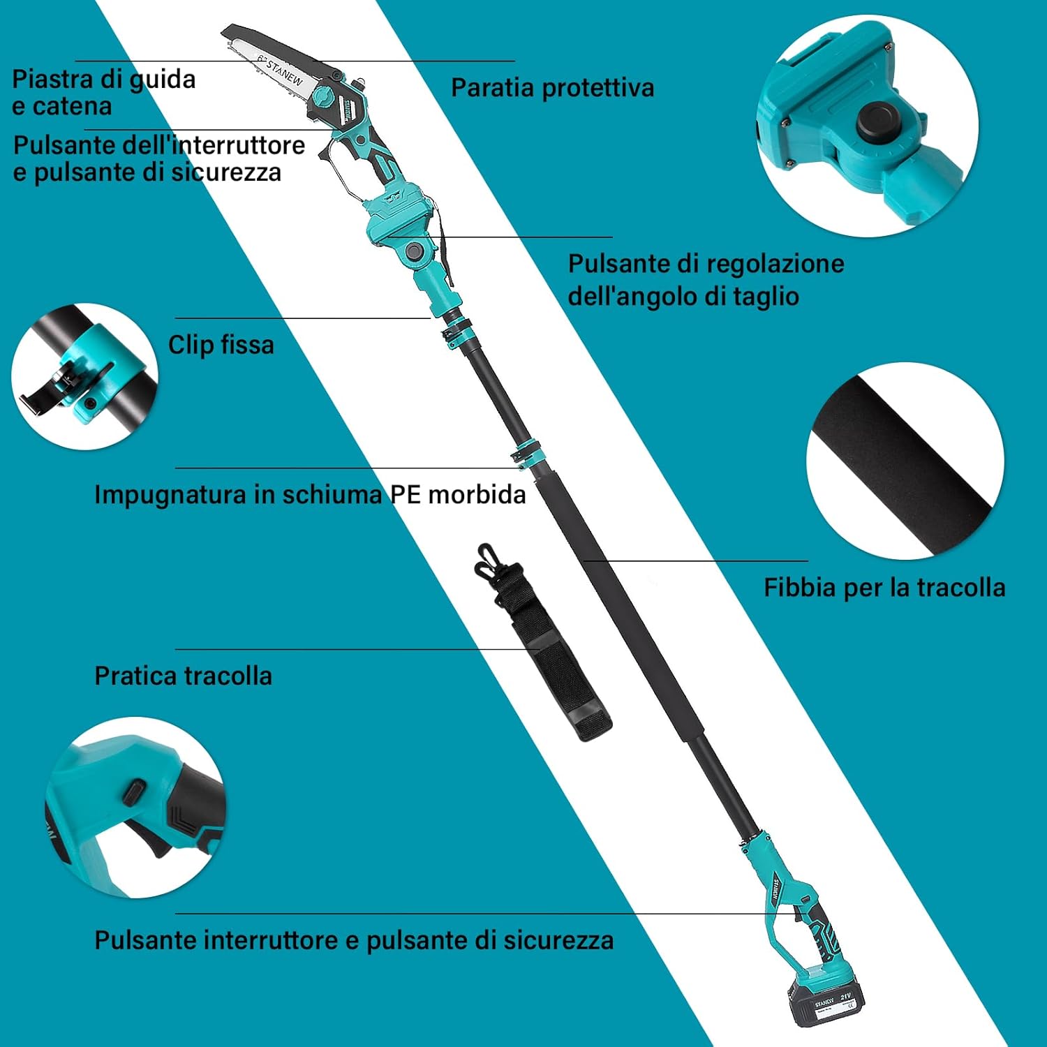 Detalle de STANEW Motosega telescopica 2 in 1: potatura e asta estensibile, batteria potente, regolabile 0–120°