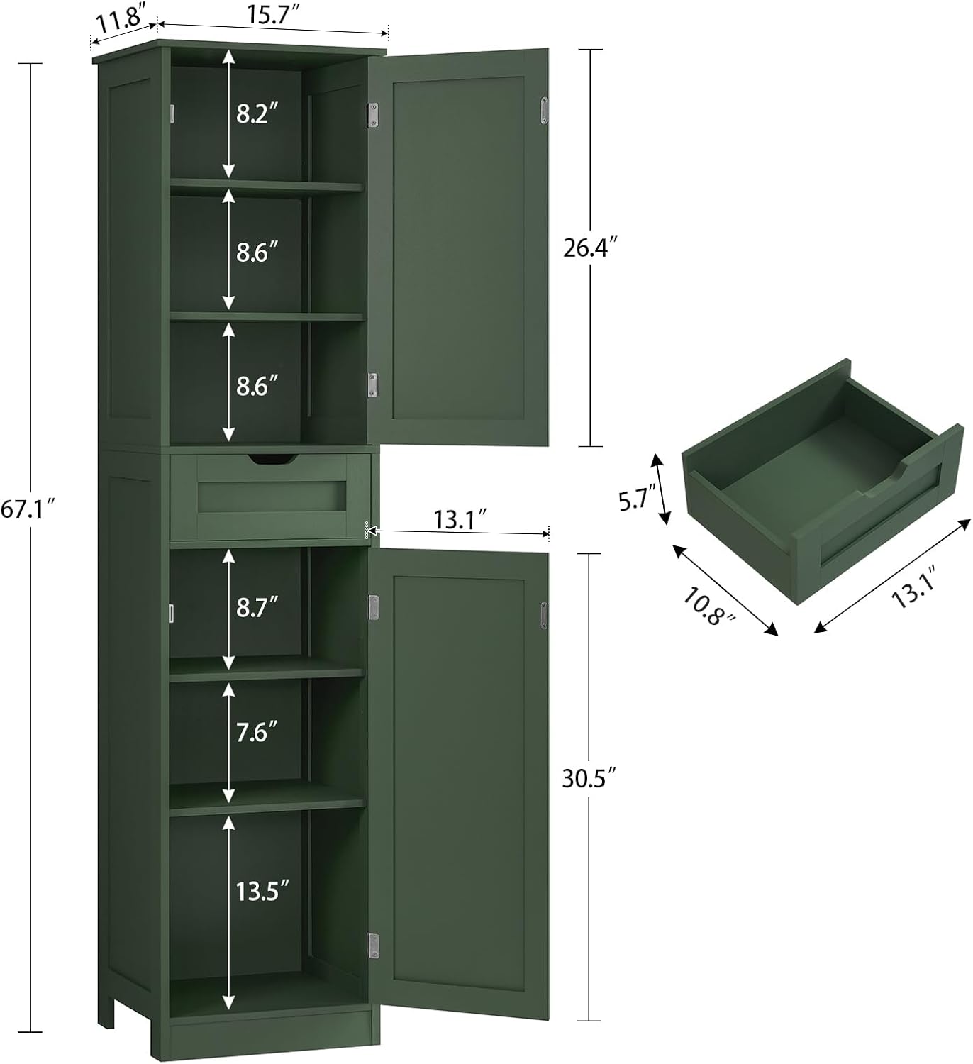 Detalle de FIONESO Tall Bathroom Cabinet, 67-inch Green Floor Cabinet with Drawer and Adjustable Shelves