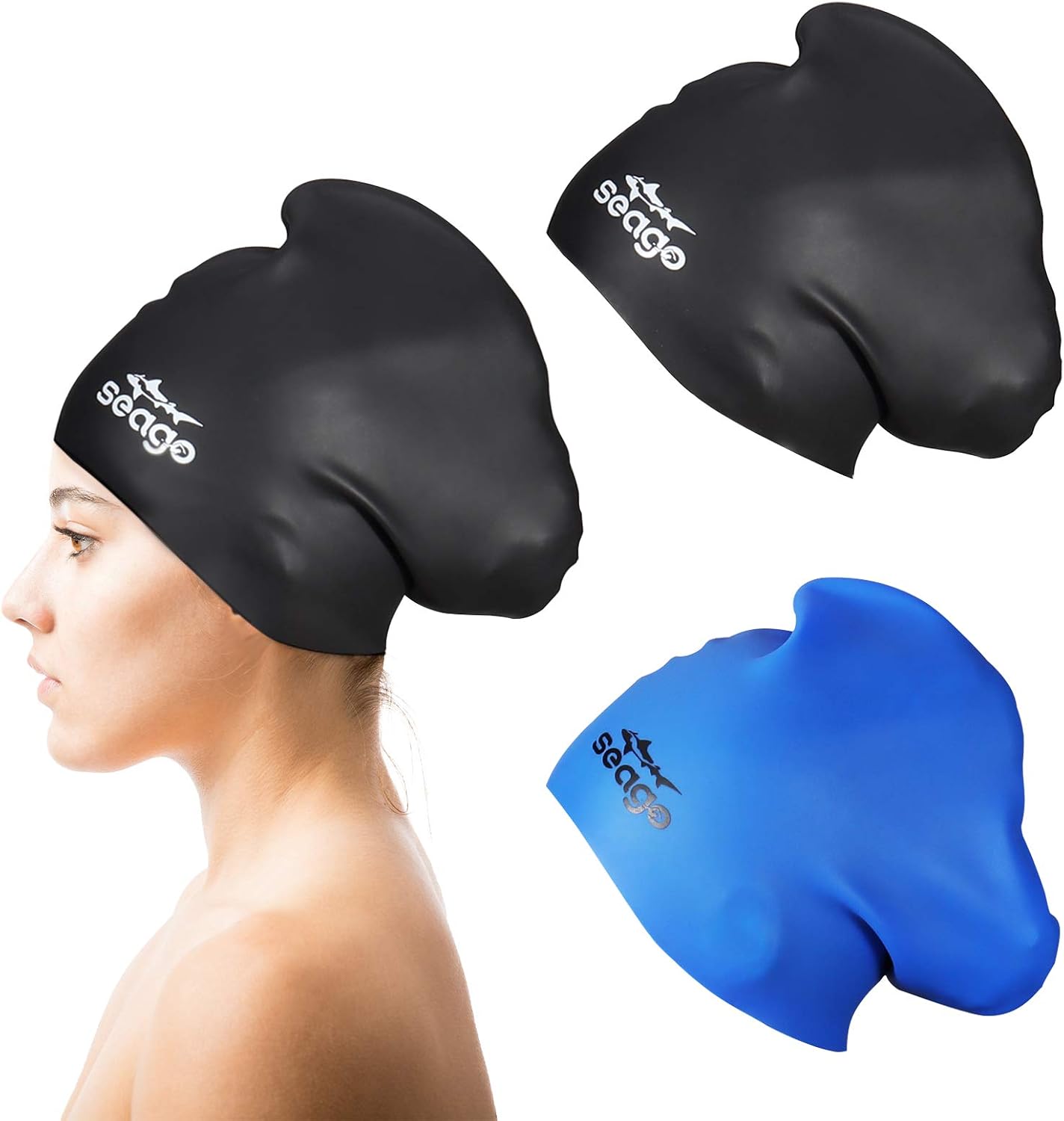 Detalle de Seago Long Hair Silicone Swim Cap 2-Pack for Braids and Dreadlocks