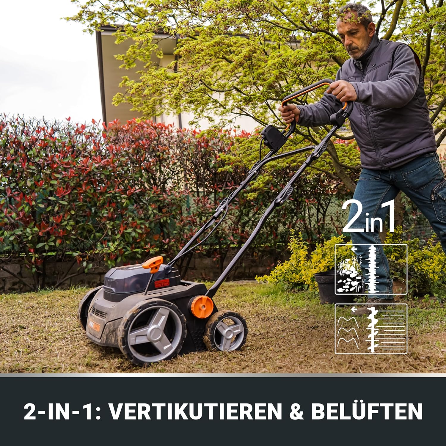 Detalle de WORX Nitro WG855E.9 Akku-Vertikutierer & Rasenlüfter – 36 cm Arbeitsbreite, 4-stufige Höheneinstellung, 40 l Sammelbeutel (ohne Akku/Ladegerät)