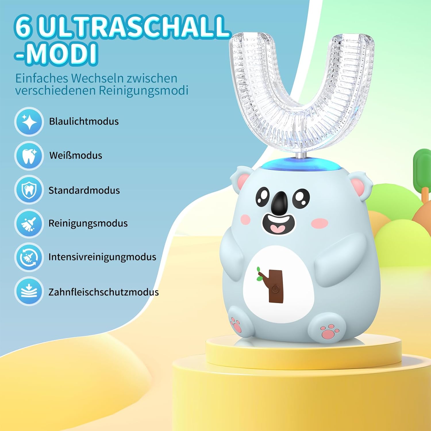 Thumbnail 2 de Elektrische Kinderzahnbürste von Yzoaal – U-förmige Bürstenköpfe, Koala-Design, 5 Putzmodi, 60-Sekunden-Timer, IPX7