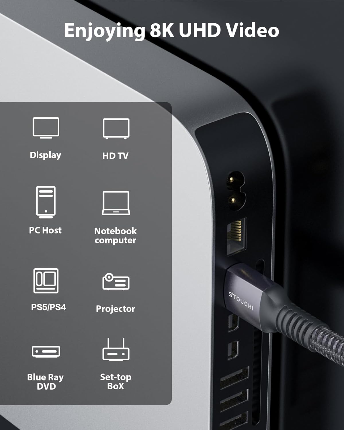 Thumbnail 5 de Stouchi 8K HDMI Cord (48Gbps, 1ft) for 4K@120Hz, 8K@60Hz, eARC, HDCP 2.2/2.3