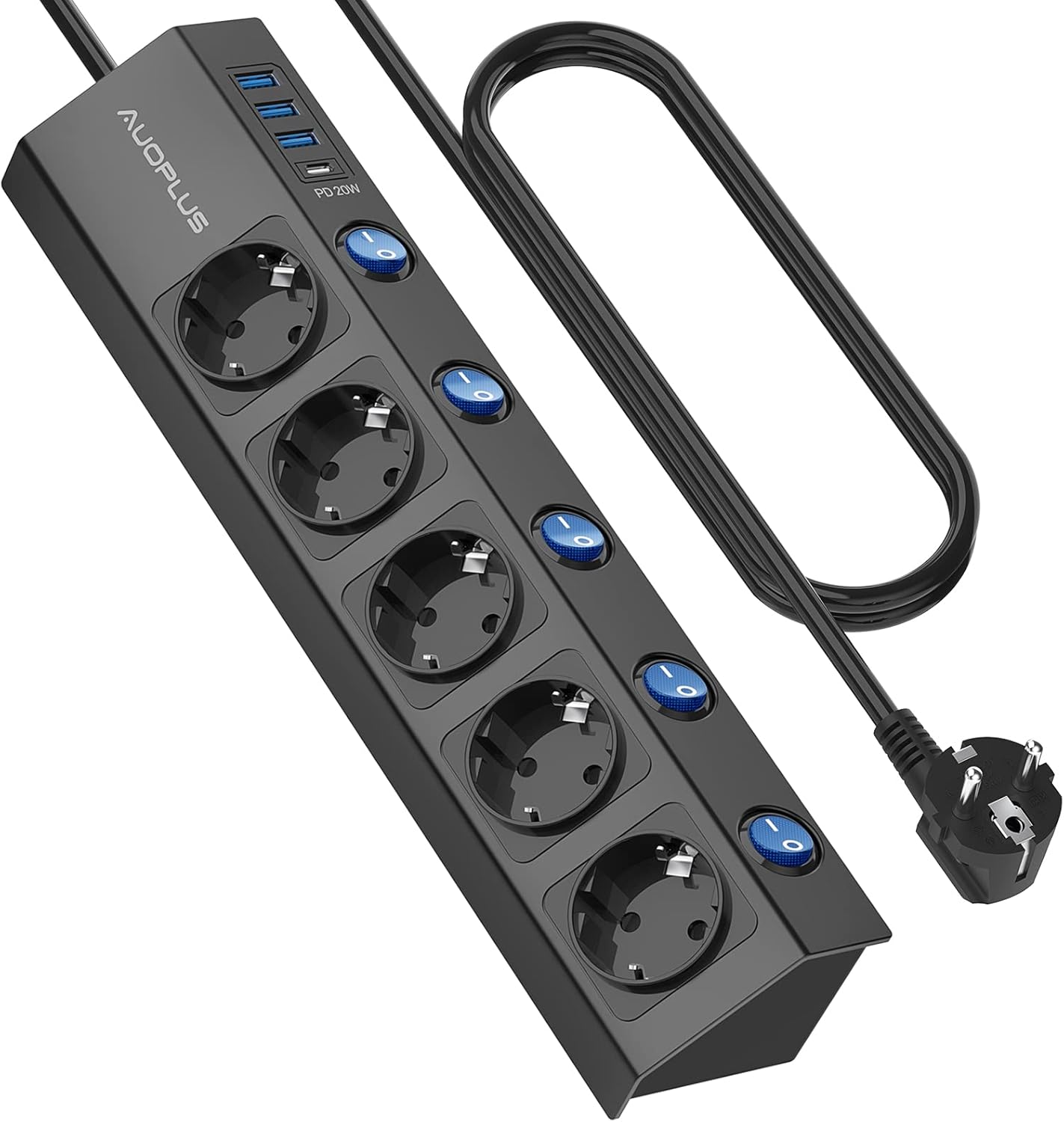 Detalle de AUOPLUS Steckdosenleiste Einzeln Schaltbar – 5 Steckdosen, USB-C PD 20W, 2 m Kabel, Wandmontage, Überspannungsschutz