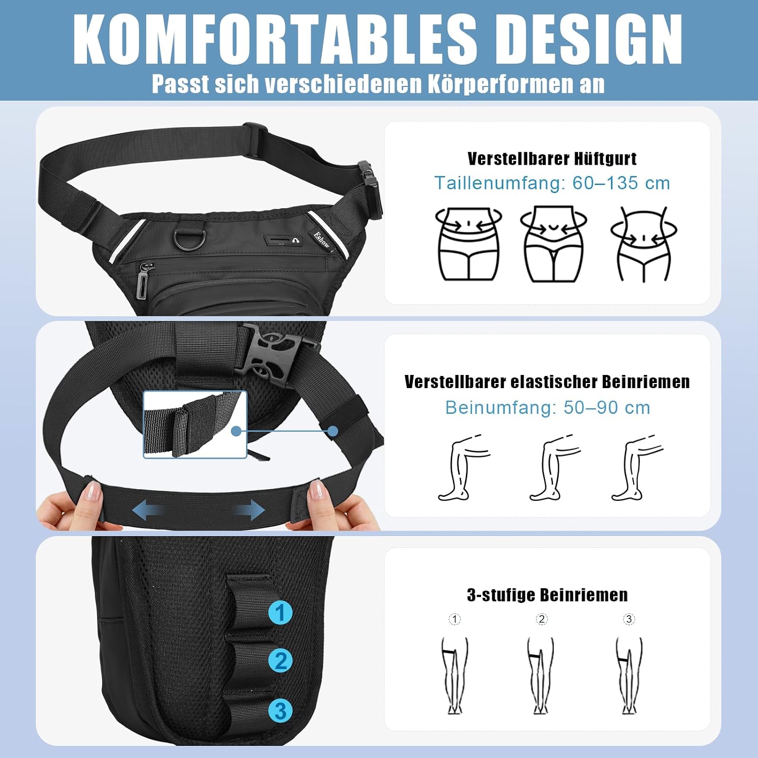 Thumbnail 5 de Eshow Beintasche Motorrad – Erweiterbare Oberschenkeltasche für Herren und Damen, verstellbarer Bein- und Hüftgurt, Reflexstreifen, 2 Karabiner, wasserdicht