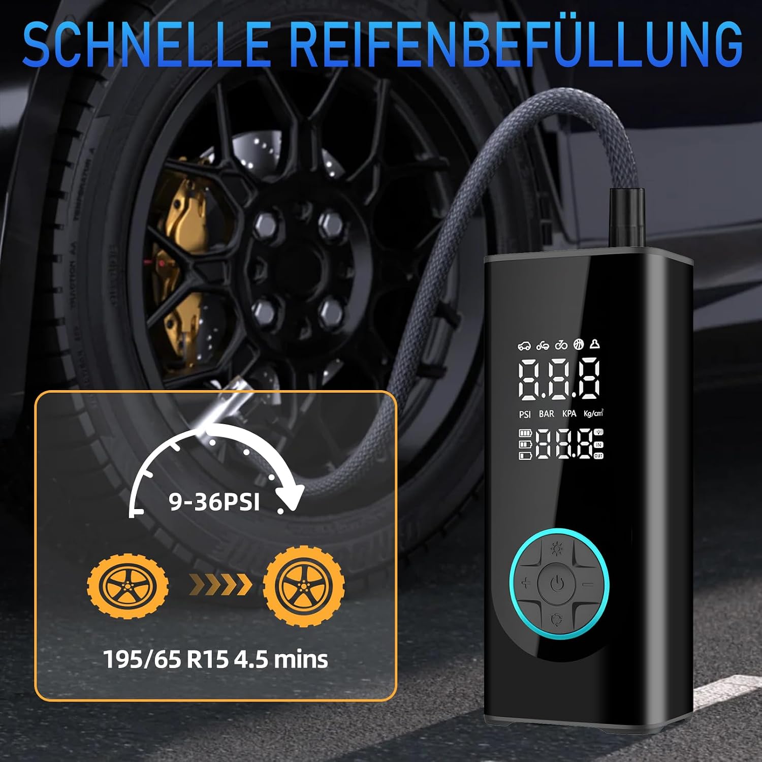Thumbnail 1 de Portable Car Tyre Pump Air Compressor with Digital Tyre Inflator, Preset Pressure, Auto Shut-Off & 3-Mode LED Light (up to 150PSI)
