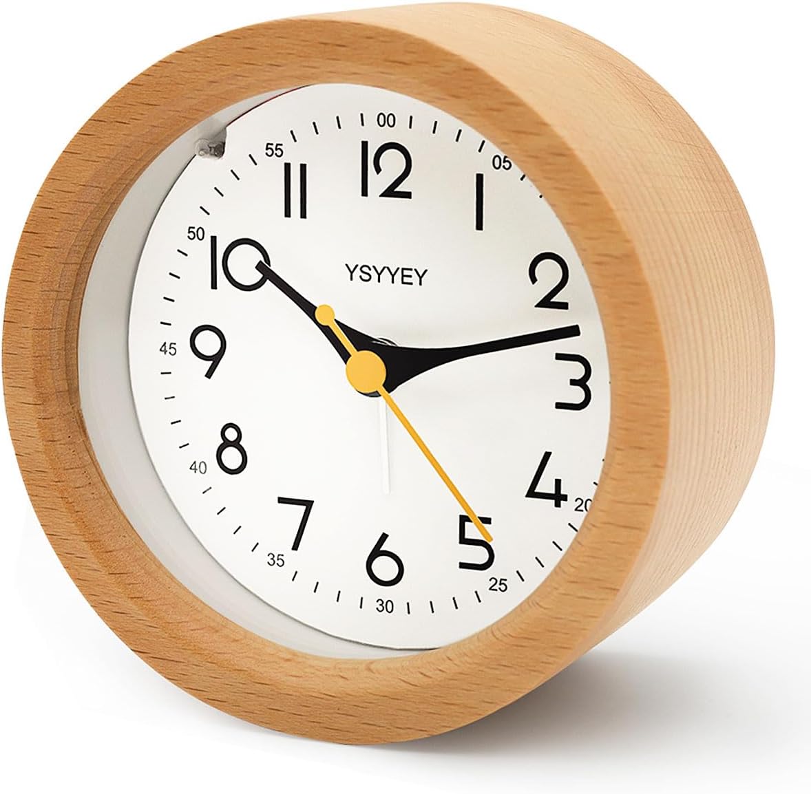 Detalle de YeyYey Wooden Alarm Clock Silent Analogue – Natural Wood Bedside Clock with Snooze