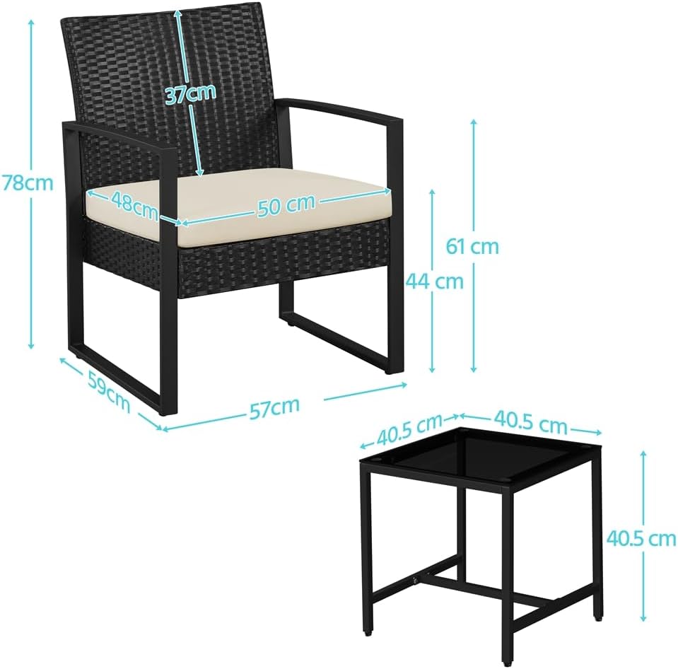 Thumbnail 2 de Yaheetech Set mobili da giardino in poly rattan con 2 sedie e tavolino da balcone, con cuscini (interno nero/beige)