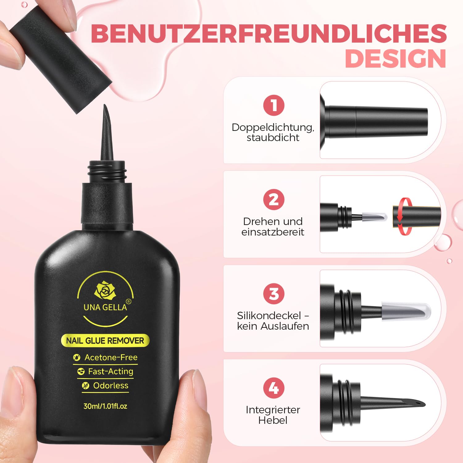 Detalle 2 de UNA GELLA Nagelkleber Entferner für Press On Nails – acetonfrei, 30 ml, mit integriertem Hebel