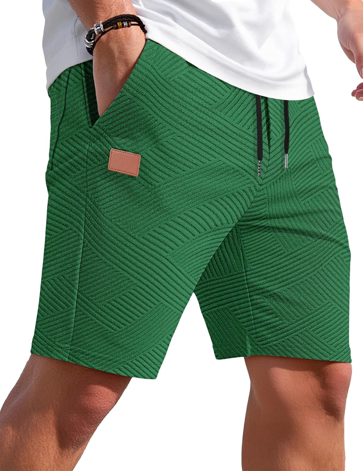 Detalle de TARAINYA Textur Kurze Hosen Herren – Baumwolle Shorts mit Elastischer Taille, Kordelzug und Taschen