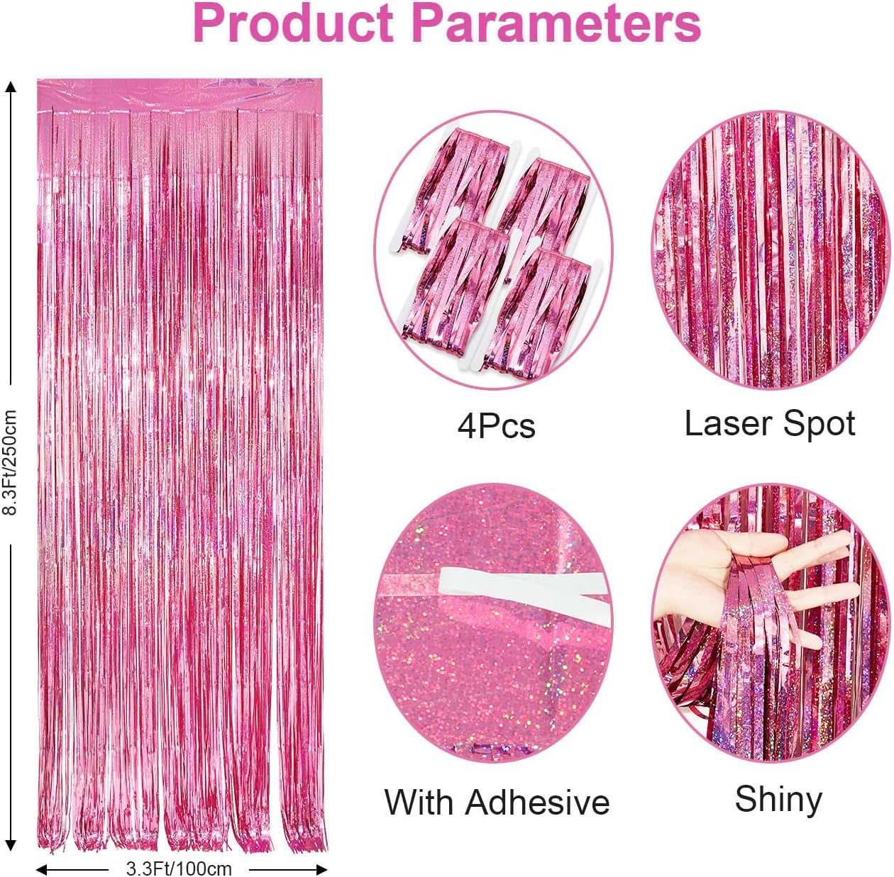 Detalle 2 de PVEGOS 4pc Laser Pink Glitter Tinsel Curtain Backdrop – 3.3 x 8.3 ft