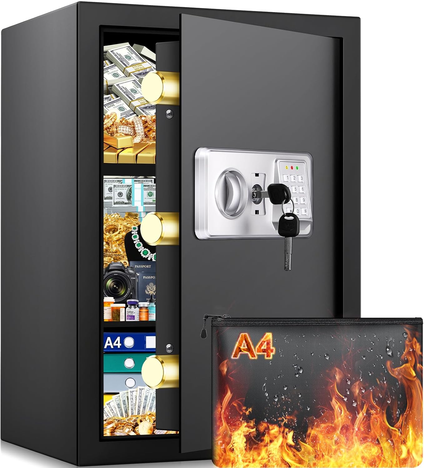 Mejasg Safe „Tresor Safe Tresor Feuerfest“ 75 L mit Alarmanlage, digitalem Zahlenschloss & feuerfester Dokumententasche