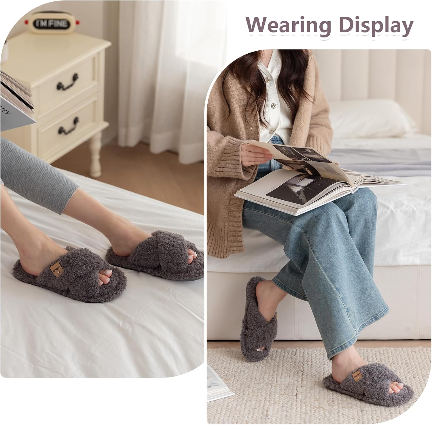 Detalle 2 de GOEWY Fuzzy Open-Toe Slippers for Women with Memory Foam and Faux Fur