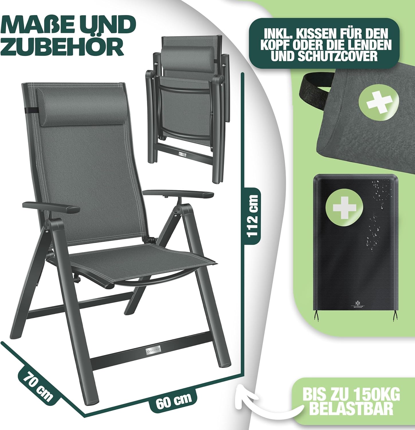 Thumbnail 2 de KESSER Gartenstuhl Hochlehner mit Armlehnen – 2er Set aus Aluminium, Klappstuhl mit Kopfkissen, Abdeckung und 7‑fach verstellbarer Rückenlehne (Anthrazit)