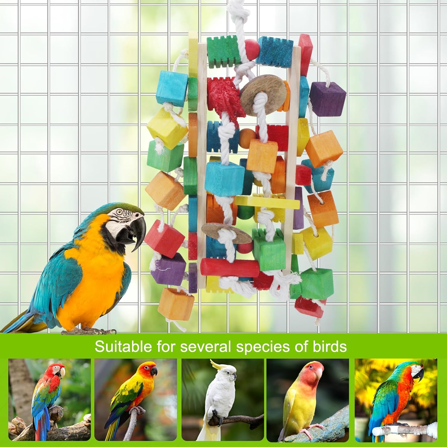 Detalle de MQUPIN Large Bird Parrot Toys – Natural wooden blocks with foraging gaps and cotton climbing ropes