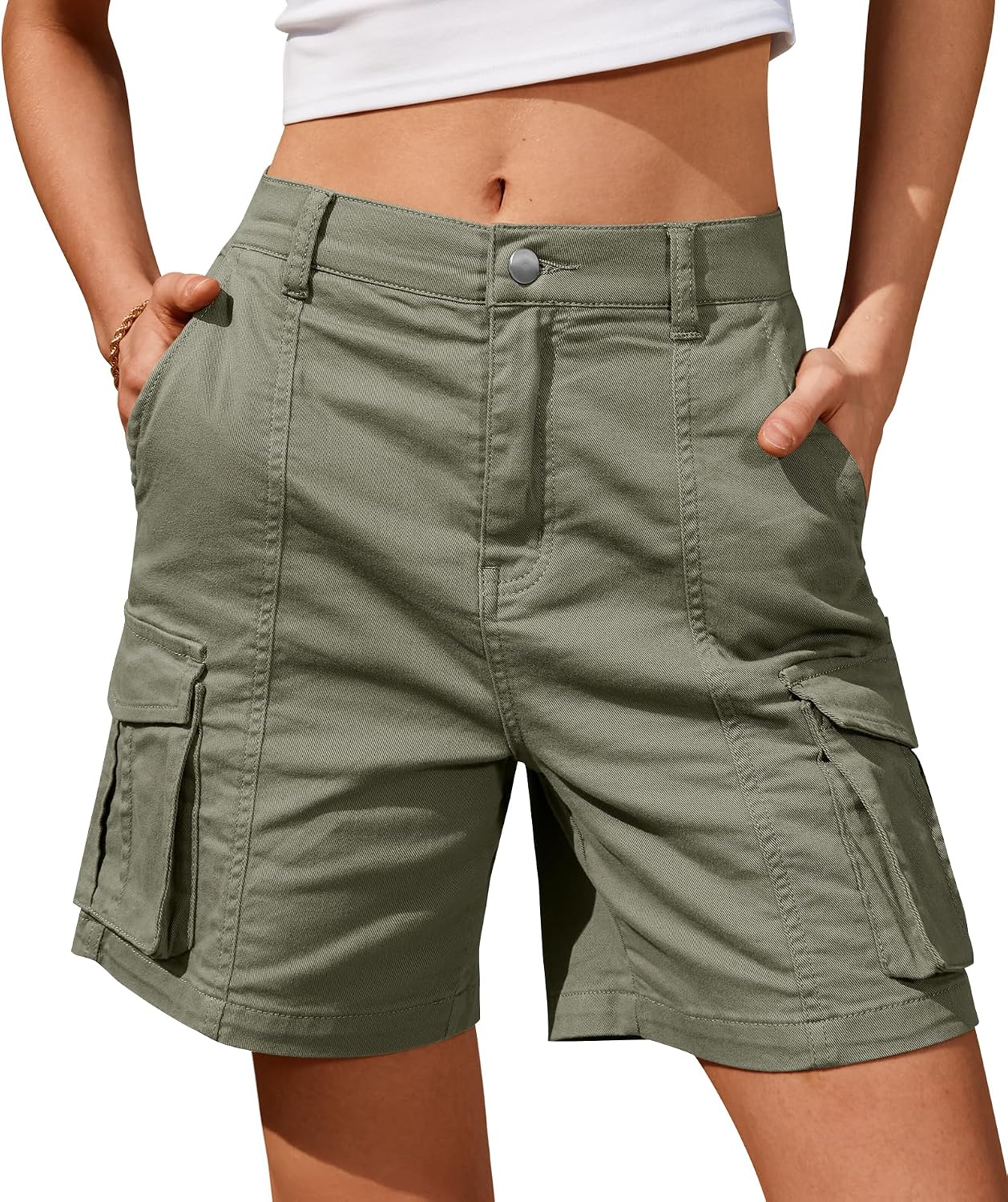 Detalle de IVIR Bermuda Cargo Shorts for Women — Knee-Length, 6 Pockets, Elastic Waist