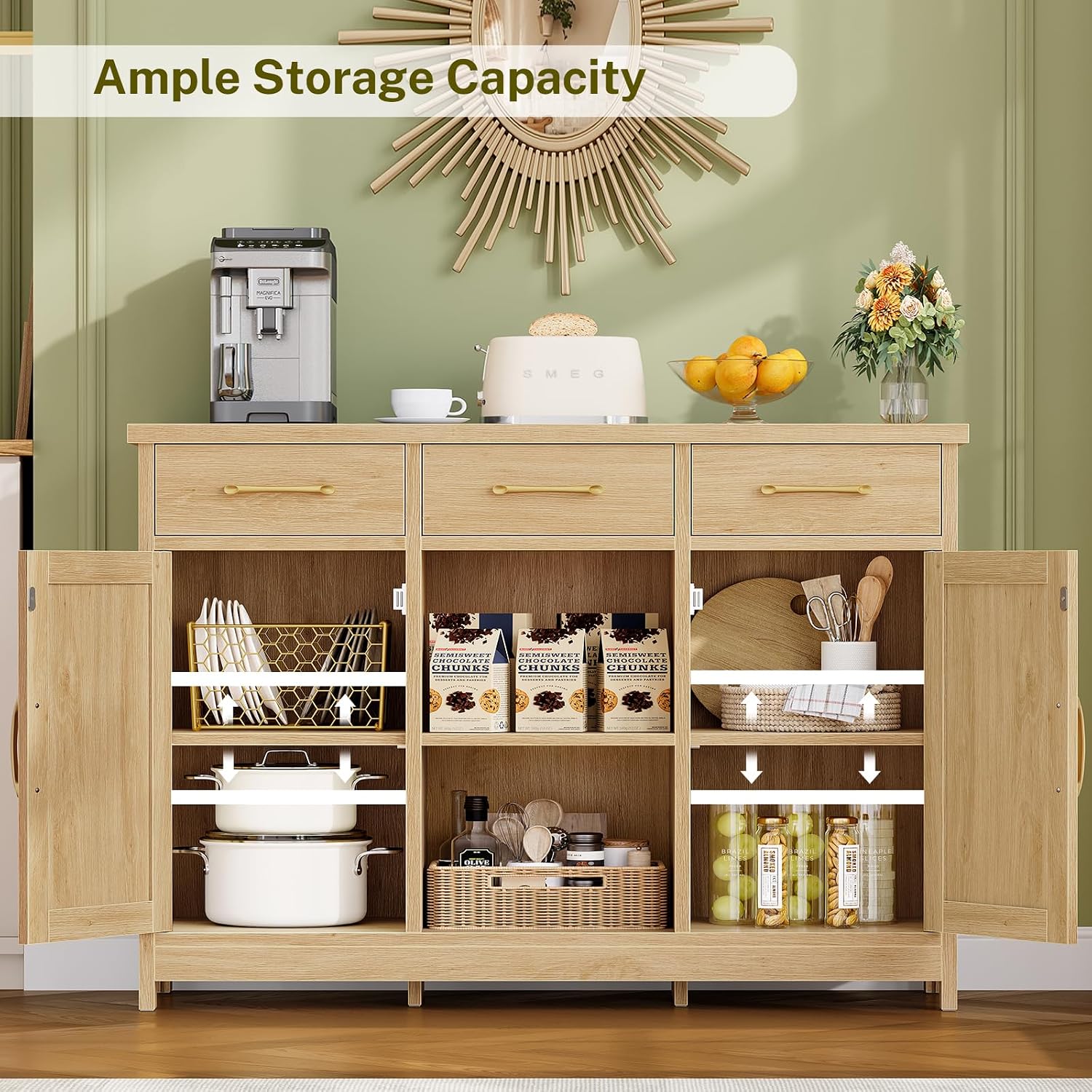 Detalle de TEENFON buffet cabinet Coffee Bar Sideboard with 3 Drawers and 2 Adjustable Shelves