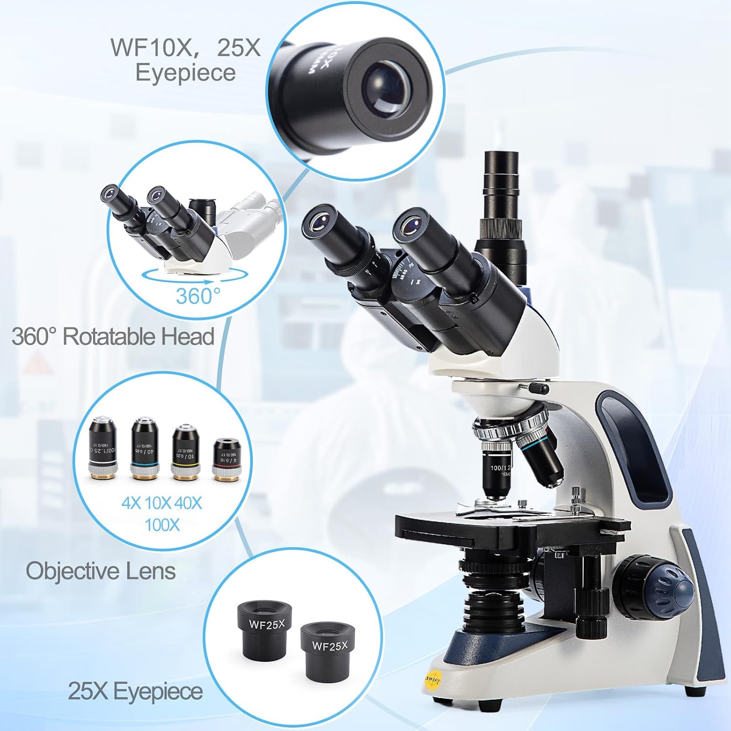 Thumbnail 2 de SWIFT SW380T Compound Trinocular Microscope with 40–2500X Magnification, 5.0MP Camera, and Included Slides