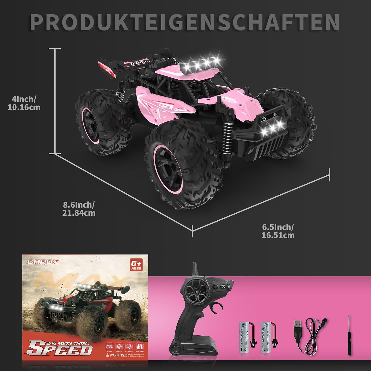 Detalle de Carox ferngesteuertes Auto für Mädchen ab 6 – Pinkes Geländewagen-RC mit 2 Akkus, 25 km/h, 2.4 GHz
