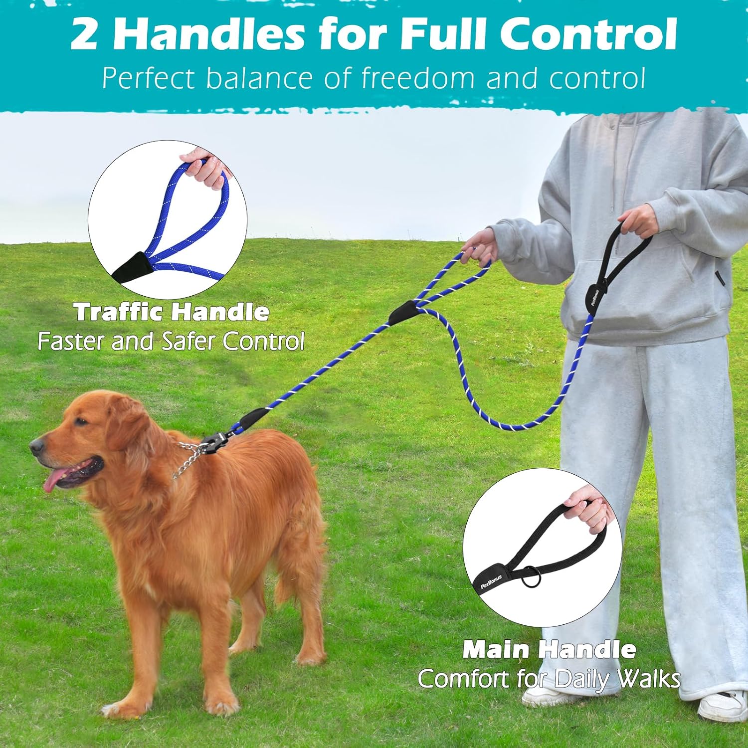 Thumbnail 2 de PetBonus Two Handles Dog Lead (150 cm) with Reflective Rope and Quick-Release Metal Clip
