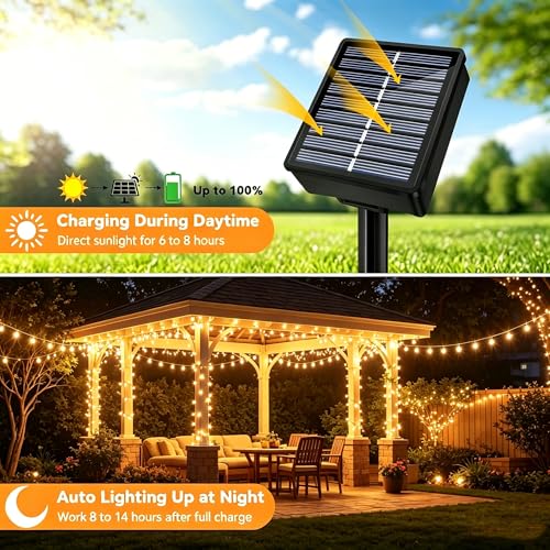 Detalle de HELANYE Guirnalda LED Solar Exterior 2-Pack 15M con 8 Modos, IP65, Luz Blanca Cálida para Jardín y Eventos