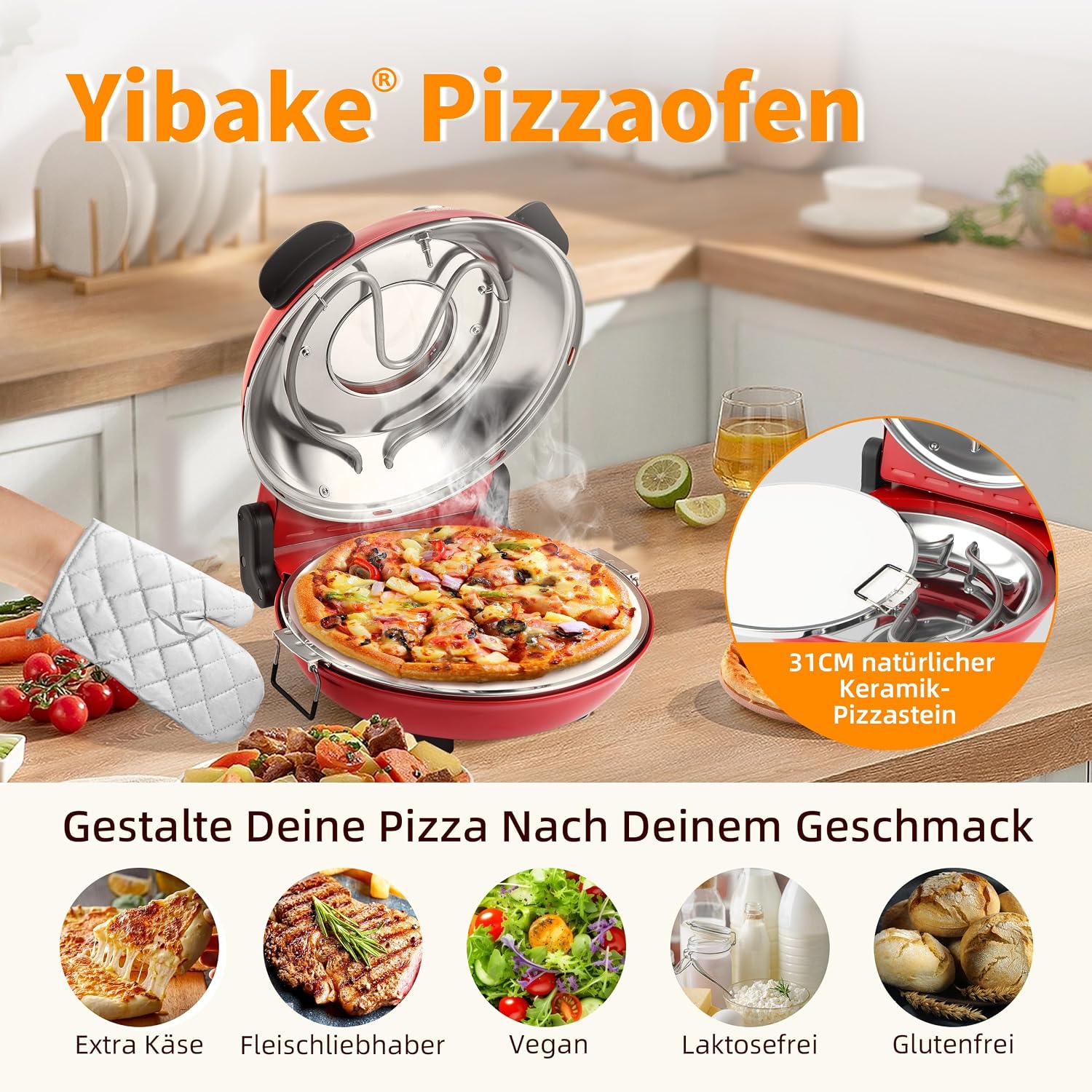 Detalle 2 de YIBAKE Elektrischer Pizzaofen mit Pizzastein (1200 W) bis 420 °C, 31 cm – für 4-Minuten-Pizzen