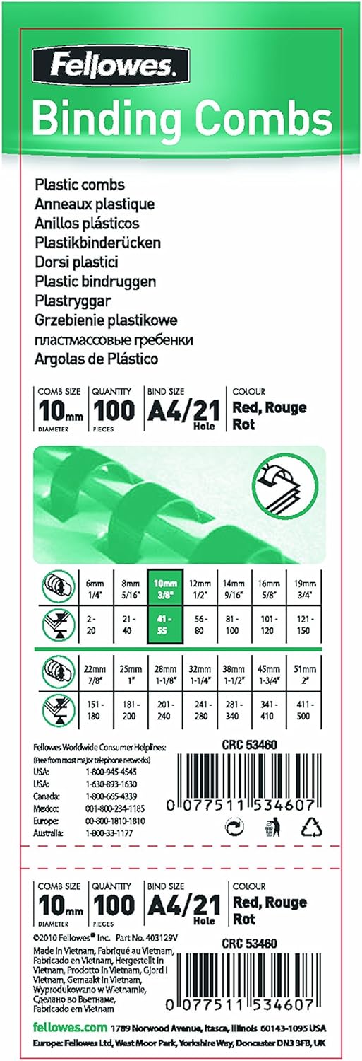 Thumbnail 1 de Fellowes 5346108 Dorsi plastici per rilegatura, 21 fori, 10 mm, confezione da 100 pezzi - Nero