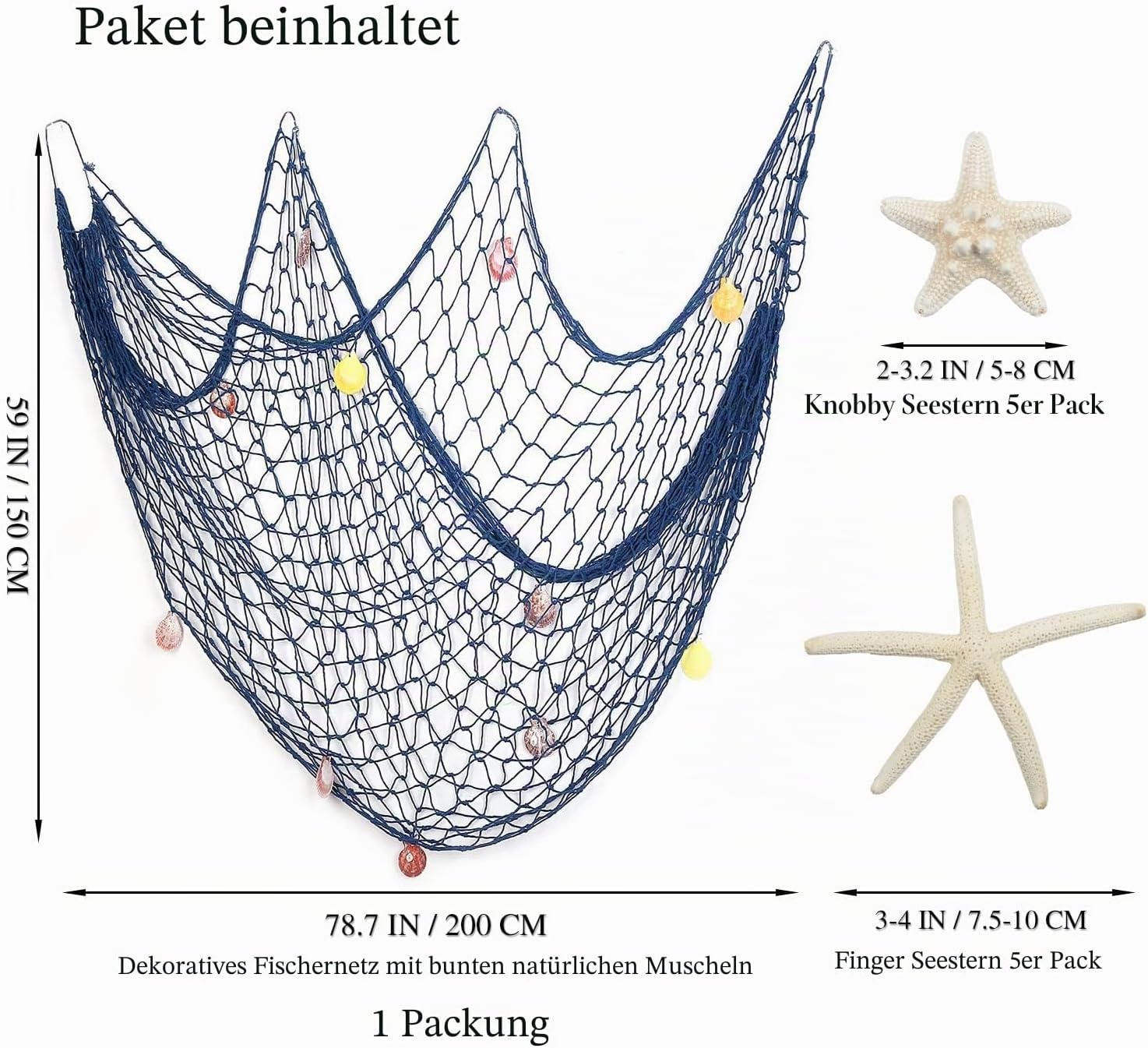 Detalle de Nature Fish Net Wanddekoration mit Muscheln und 10 Seesternen – Mediterraner Stil, 150 cm × 200 cm