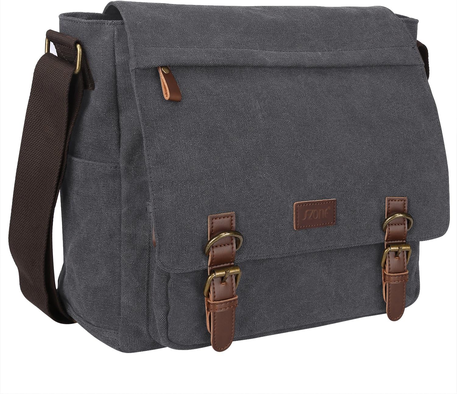 Detalle de S-ZONE Homme sac à bandoulière 15,6 pouces en toile vintage : grand sac messager pour ordinateur portable