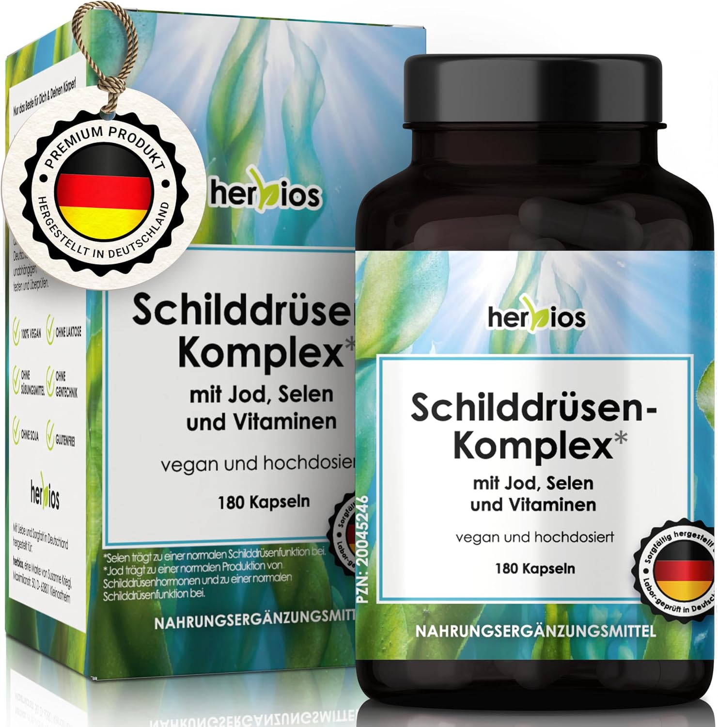 Detalle de HERBIOS Jod-Selen Komplex – 180 Schilddrüsen-Kapseln für bis zu 6 Monate (vegan, laborgeprüft) mit L‑Tyrosin, Eisen, B‑Vitamine & Folsäure