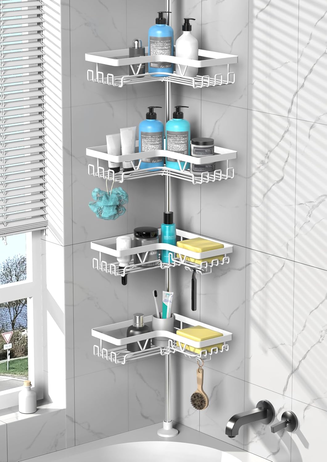 Detalle de DAOYA Corner Shower Caddy, 4-Tier Adjustable Tension Pole, White Stainless Steel