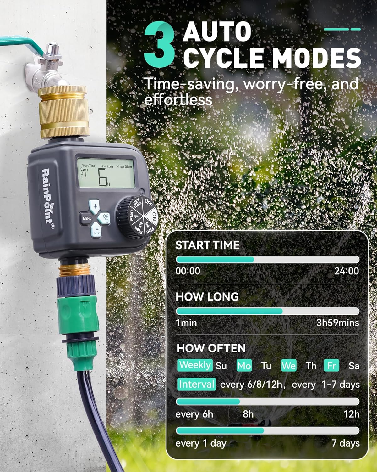 Thumbnail 2 de RAINPOINT Water Timer with Brass Inlet & Outlet, 3 Independent Programs and Rain Delay
