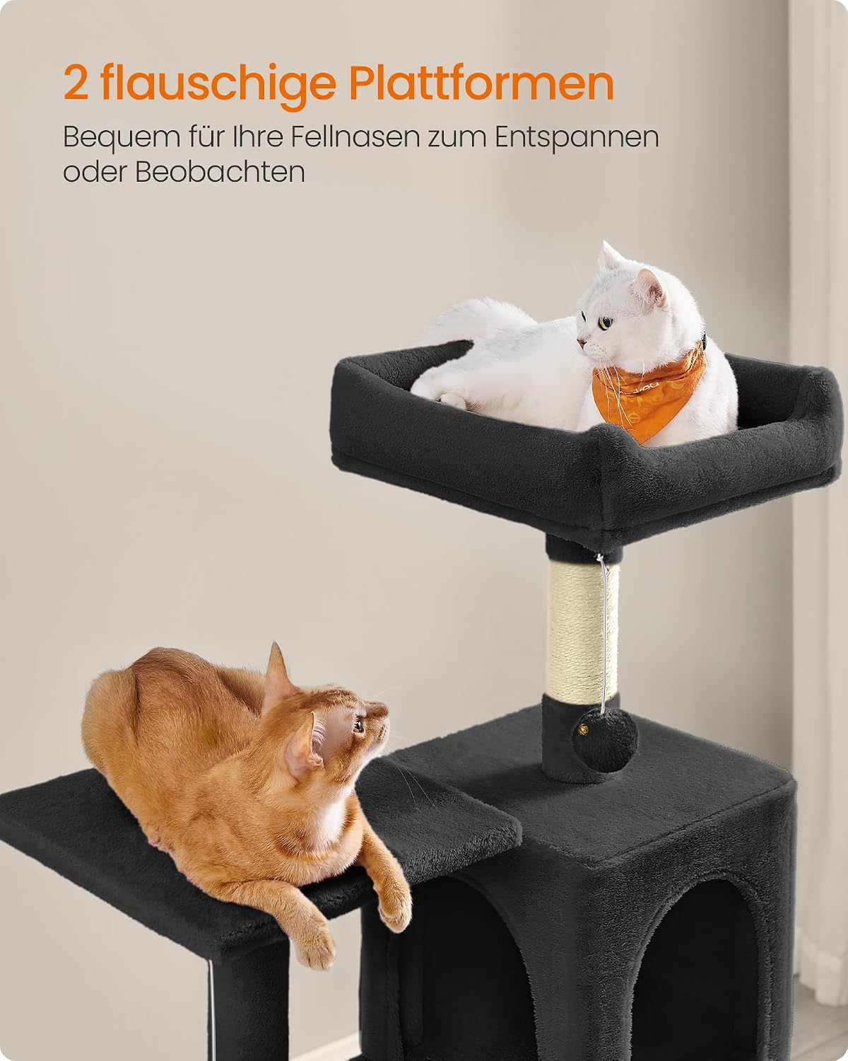 Detalle de Feandrea Kratzbaum, 143 cm hoch – vielseitiges Katzenhaus mit zwei Plattformen, Höhle und Hängematte