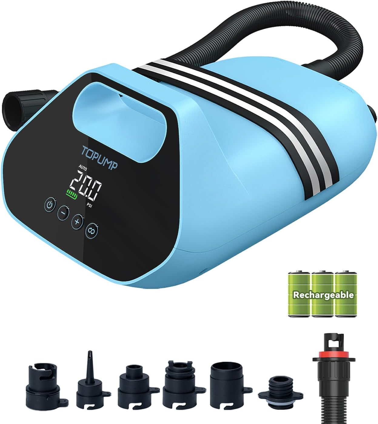 TOPUMP TPS300 : pompe à air électrique rechargeable 20 PSI pour SUP (gonflage/déflation)