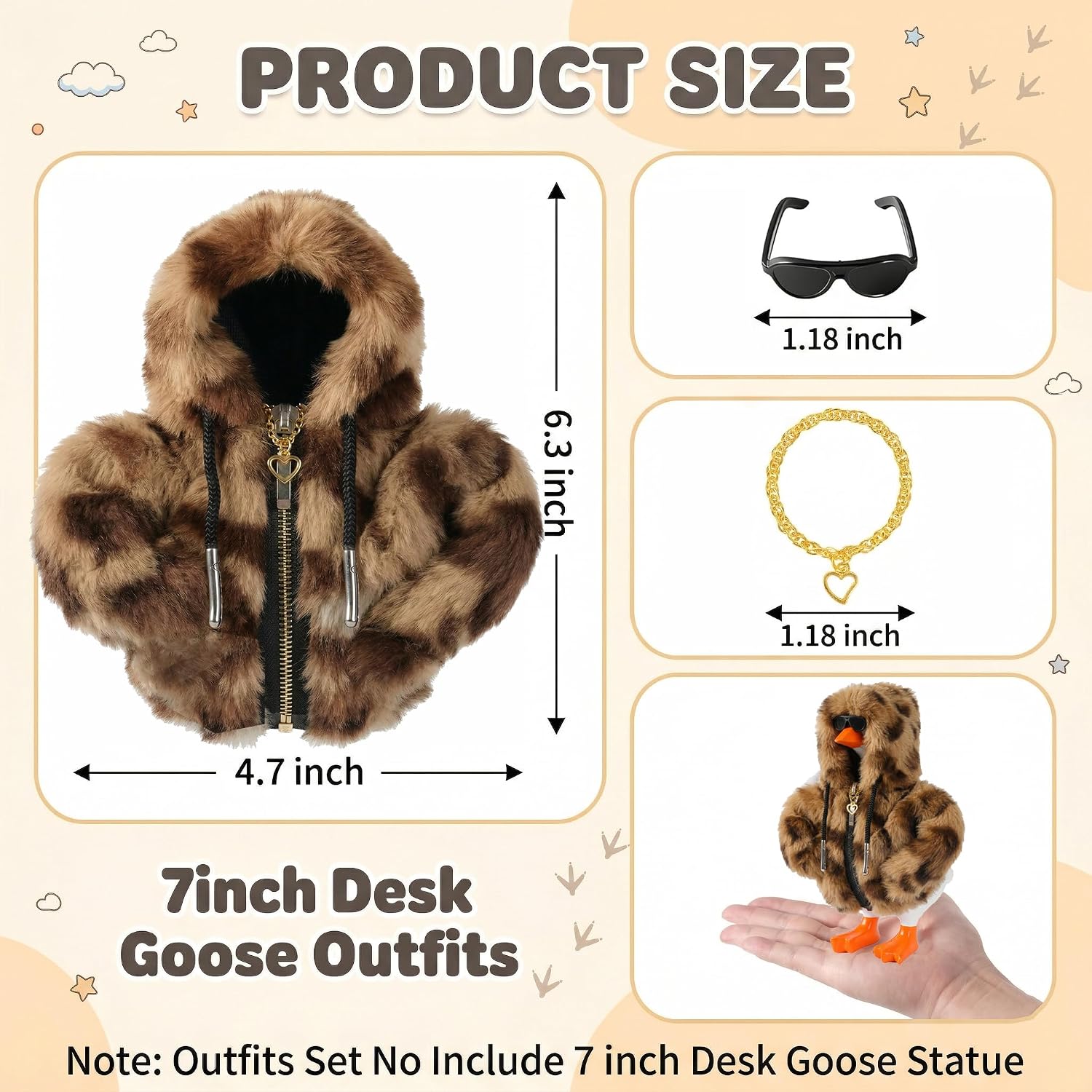 Thumbnail 1 de 7-Inch Desk Goose Outfit Set with Brown Leopard Fleece Hoodie, Sunglasses & Heart Necklace