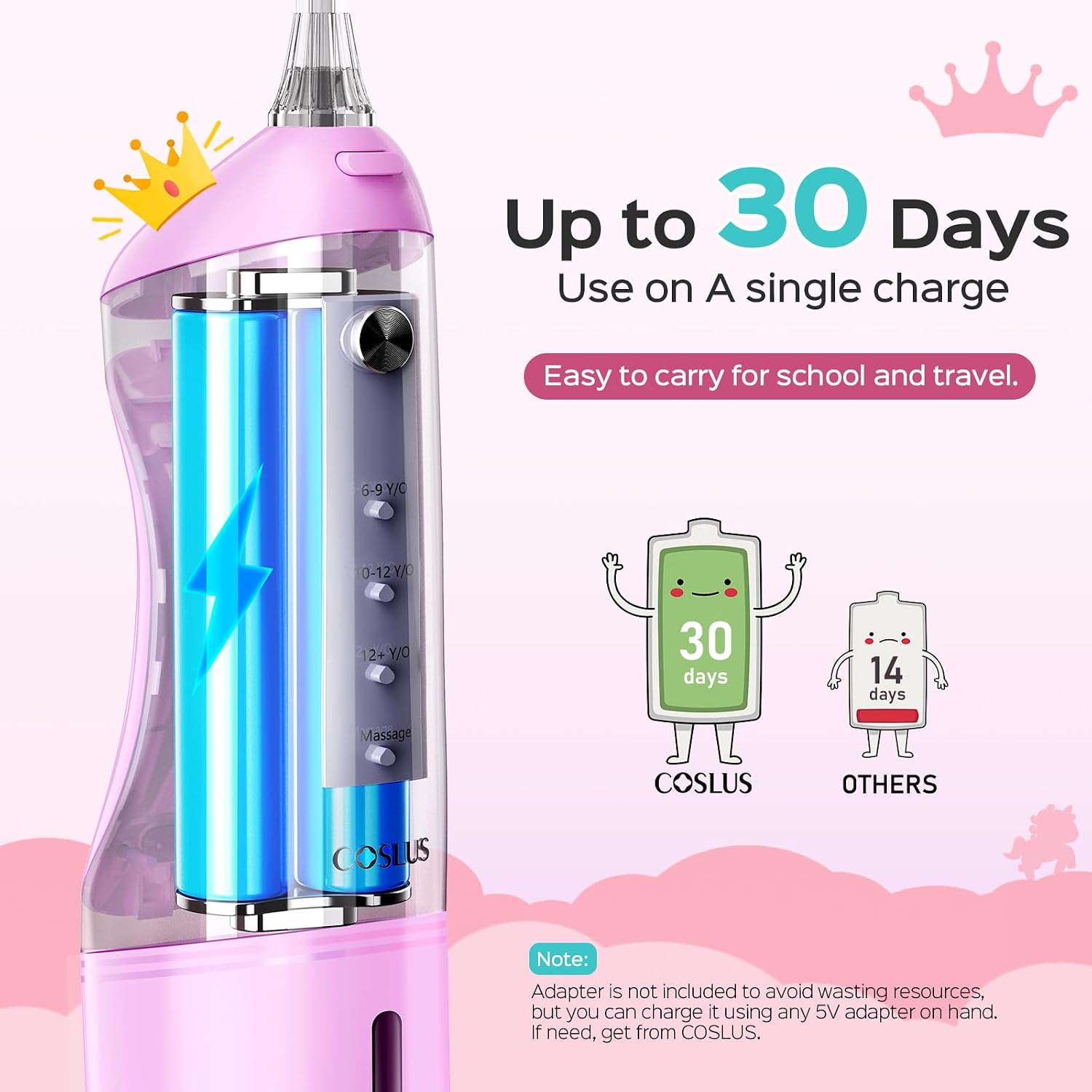 Thumbnail 3 de COSLUS C31 Kids Water Flosser Deep Cleaning – 4 Modes, 2 Tips, Safe for Gums (Pink/Purple)